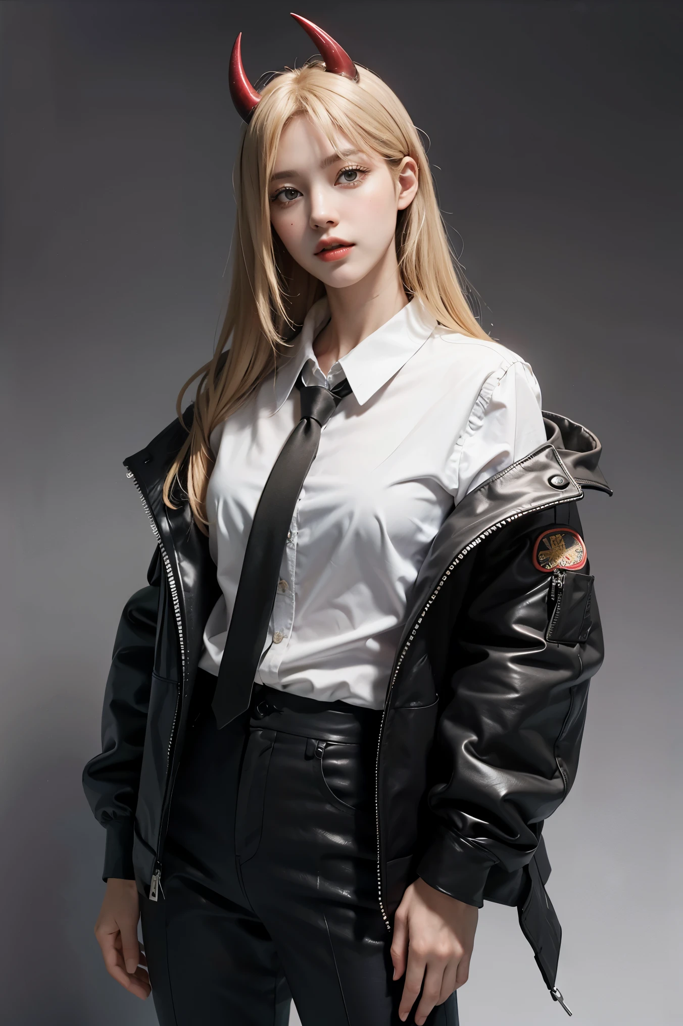 (highest quality, masterpiece:1.4), Absurd, Ultra-high-definition CG, 8k, Detailed, Beautiful Face, Detailed顔, One girl, alone, force \(csm\), (horn, Blonde Hair:1.4), Hair between the eyes, Symbol-shaped pupil, Sharp teeth, White shirt, Black trousers, tie, Jacket, Toned Up, Shiny skin, Tilt your head, still, ((Gray background)), bloom, Particles of light, Depth of written boundary, Cowboy Shot, Straight,