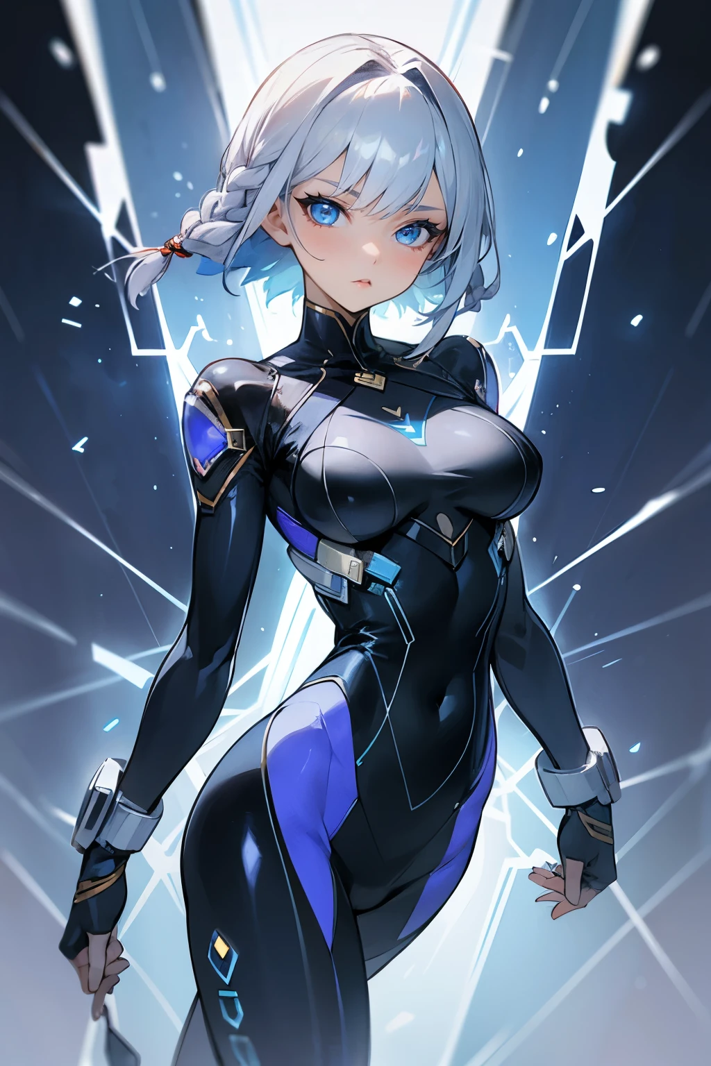 Girl, very short silver hair, blue eyes, one very long braid, mercury clothes, big breasts, mercury warrior, Quantum storm, tight fitting shiny mercury clothes covering her entire body