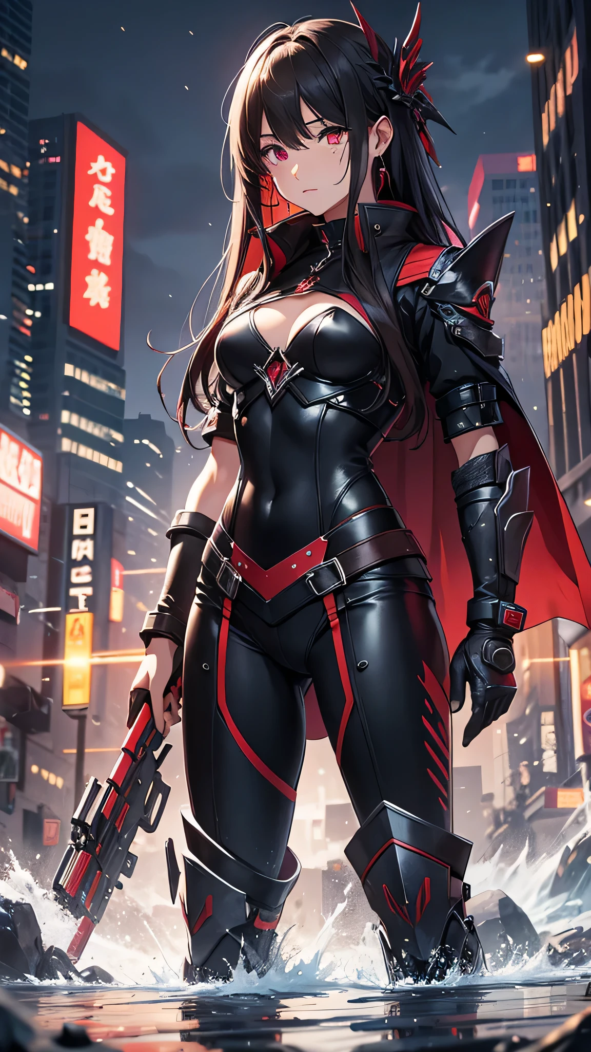 Highest quality、Highest quality、Masterpiece、girl((Metal body,Age 25、as soon as、Highest Bust、Medium Bust、Wide open chest、Red glowing eyes、Black Ear、Red Mesh、Disheveled Hair、Loincloth、thin、The best valley、Open chest、Luminous Wristbands、hair ornaments、Full body view、Black Shirt、Black trousers、scar、cell phone、A little muscular、Watery eye、Tears))、high quality、Beautiful Art、background((night、))、flight、Flying Debris、Depth of text、movie、Visual Arts、Perfect Art、8K、Genuine、