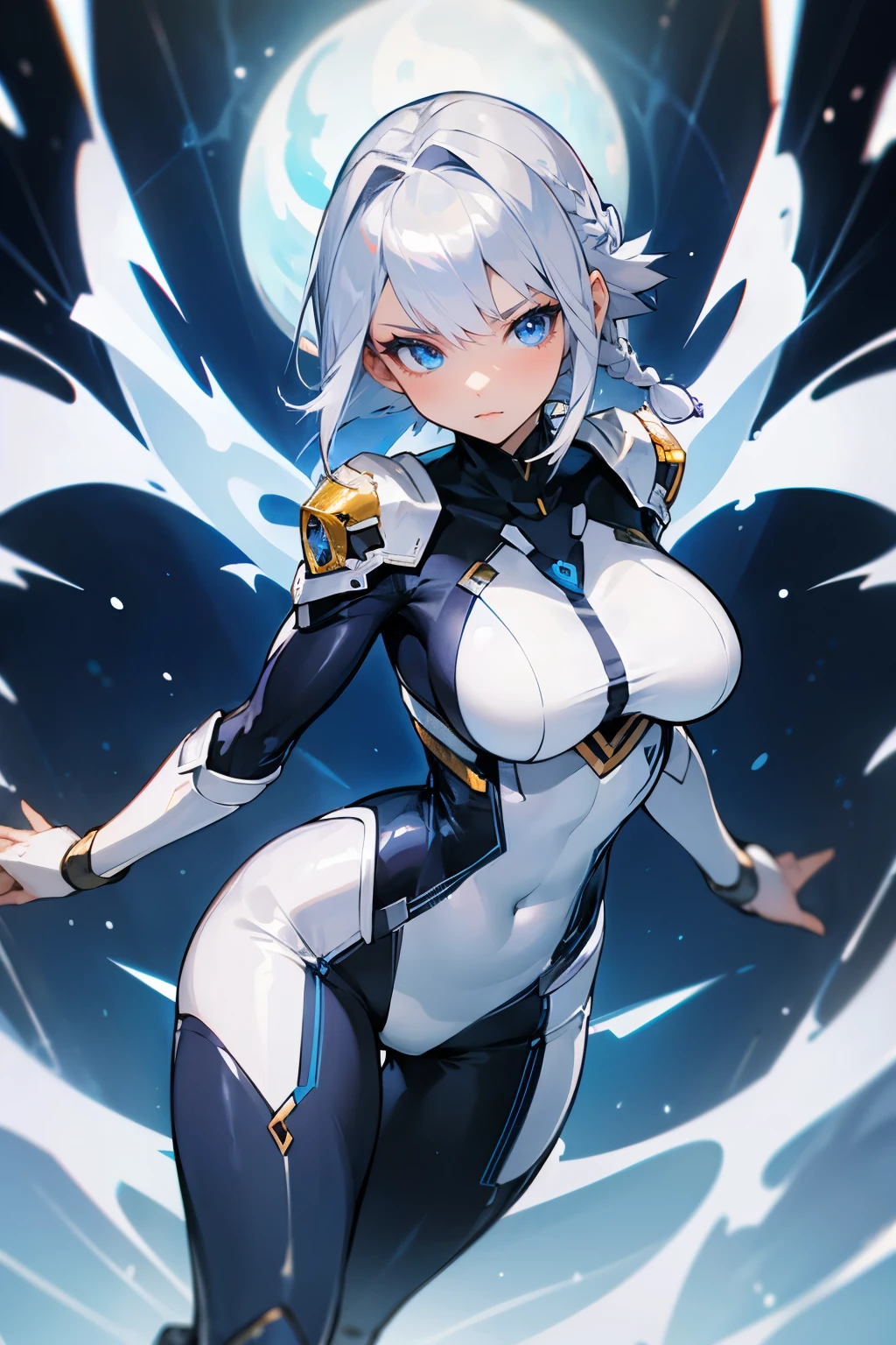 Girl, very short silver hair, blue eyes, one very long braid, mercury clothes, big breasts, mercury warrior, Quantum storm, tight fitting shiny mercury clothes covering her entire body