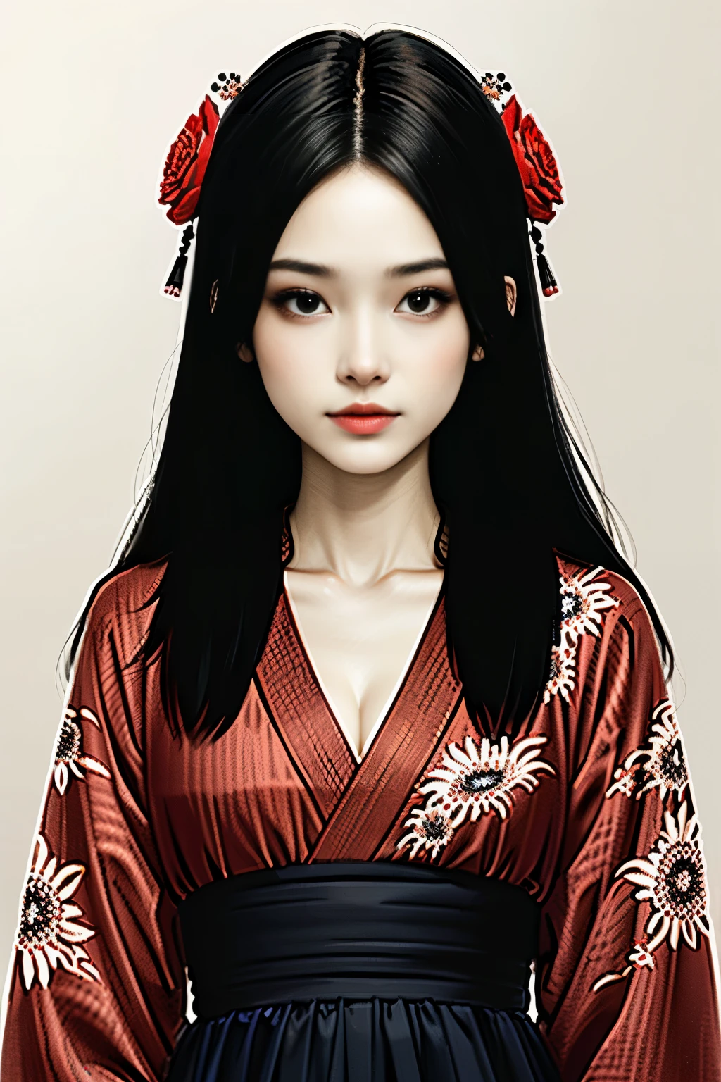 Ukiyo-e、Beautiful Japanese Woman、Utamaro、Detailed face、Beautiful Eyes、Elegant kimono、Intricate floral pattern、Delicate skin、Natural light、A calming color palette、Soft Focuasterpiece