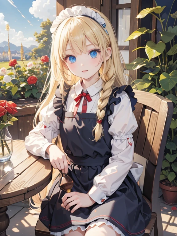 masterpiece, highest quality, Very detailed, 16k, Ultra-high resolution, 9-year-old girl, Detailed face, blue eyes, blonde, Braiding, Red ribbon on head, Black maid outfit, blue sky, garden, Red Rose, table cloth, Sit on a chair, During a break