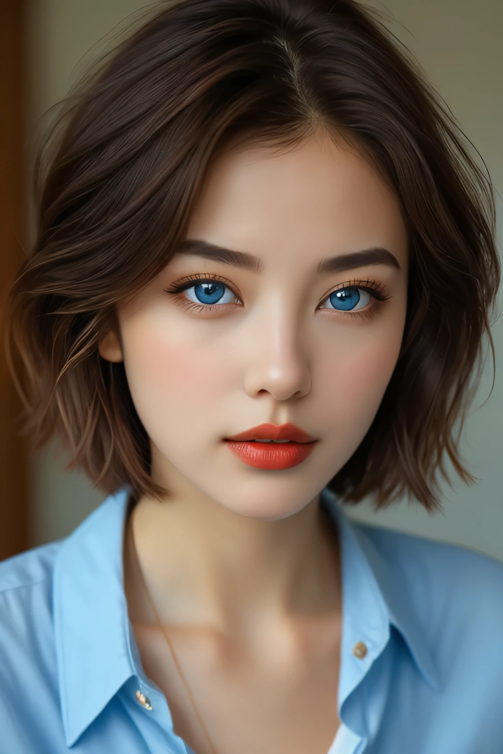 bellissima,  1girl, solo, looking at viewer, short hair, blue eyes, brown hair, shirt, black hair, closed mouth, collarbone, lips, eyelashes, makeup, blue shirt, lipstick, portrait, realistic, nose, red lips