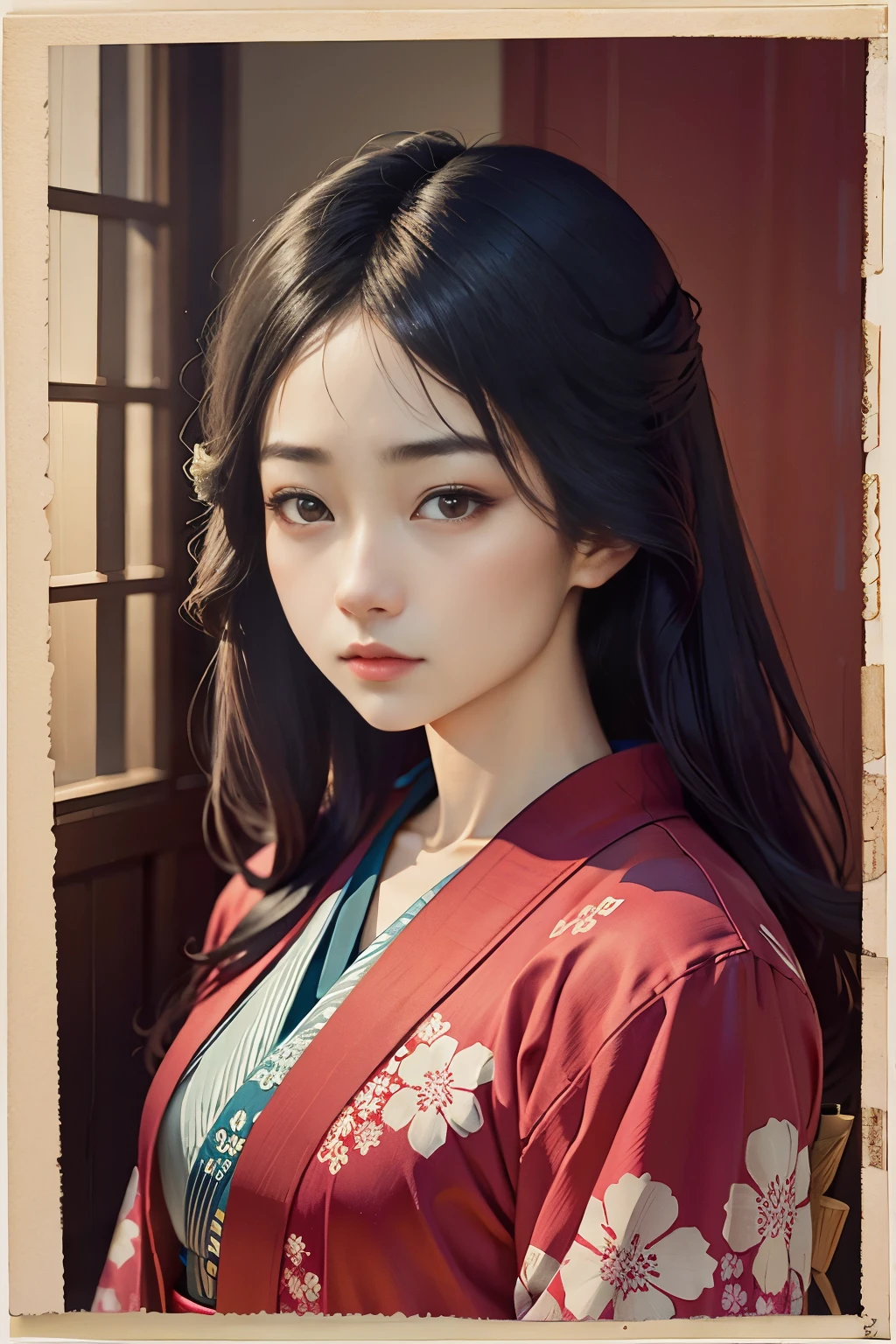Ukiyo-e、woodblock print、woodblock print、Beautiful Japanese Woman、Utamaro、Detailed face、Beautiful Eyes、Elegant kimono、Intricate floral pattern、Delicate skin、Natural light、A calming color palette、Soft Focuasterpiece