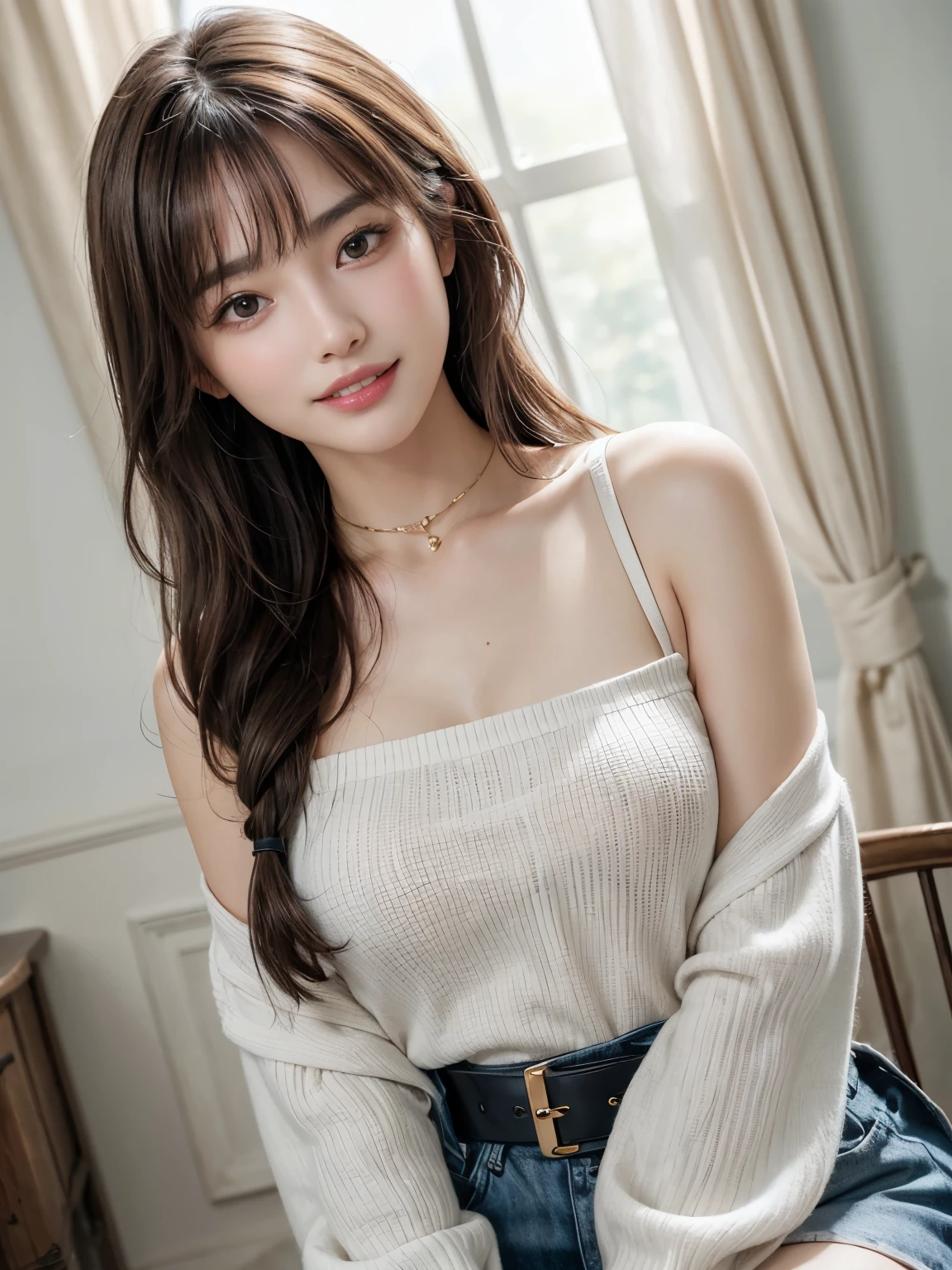 ((masterpiece: 1.3),8K, Realistic, RAW Photos, Highest quality: 1.4), (One Girl), beautiful顔, (Realistic Face), (Brown long hair: 1.3), (((night、nightの部屋の中))),beautifulヘアスタイル, (bangs), (smile), smile, Realistic eyes, Gloss, highlight, highlight in the Eyes, eyelash, 目の中のbeautifulディテール, (Realistic Skin), (((bustトップ、Light purple off-shoulder knit、White pleated skirt)))、beautiful肌, Transparency、(beautiful)、 bust, smile, teeth, Confused, charm, 超High resolution, Ultra-realistic, High resolution, Golden Ratio, Clear eyes, Wet, Mole, Looking into the camera, ear, Shine, Long neck, double eyelid, Big eyes, cheek, kind character, charm personality, kind, Move, 圧倒的なcharm, bright personality