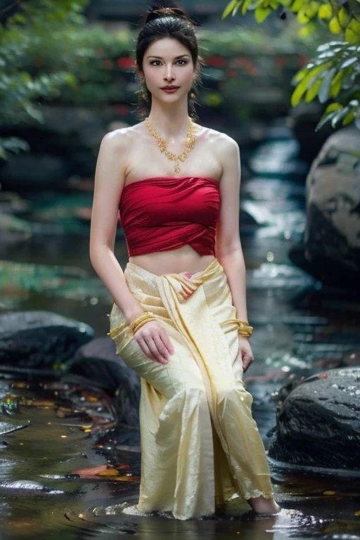 masterpiece, highest quality, HDR, high contrast,(Realistic photograph),((a beautiful blended of Japanese pretty actresses with Morena Baccarin look like face, 21 years old girl, Thai Female Soldier)), long ponytail hair, highly detailed lips, detailed eyes, double eyelid, Make-up face.necklace((anklet. strapless thai traditional dress,)),anklet. long legs_full body, contemplating. Sit down, at the edge of the waterfall,