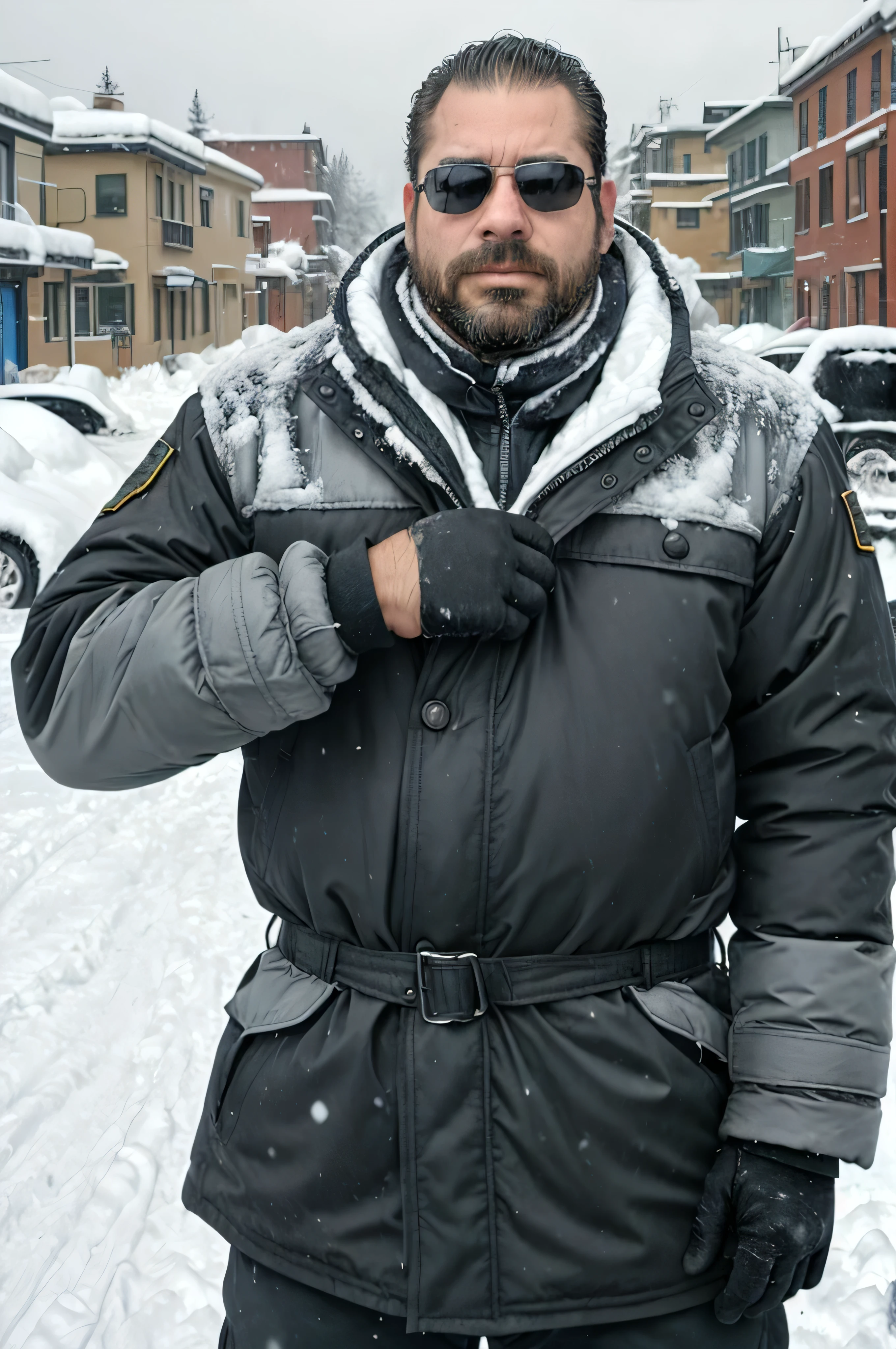 A super realistic image of a 38-year-old man with a rugged, masculine appearance wearing dark sunglasses. He is in the midst of a severe blizzard, with heavy snow and strong winds swirling around him. His face is highly detailed, showing determination and focus. The background features a snowy landscape with partially buried cars and snow-covered buildings. He is dressed in a thick winter coat and gloves, appearing resolute against the freezing cold. The image captures him from the waist up, emphasizing the textures and details of his face and the harsh, snowy environment