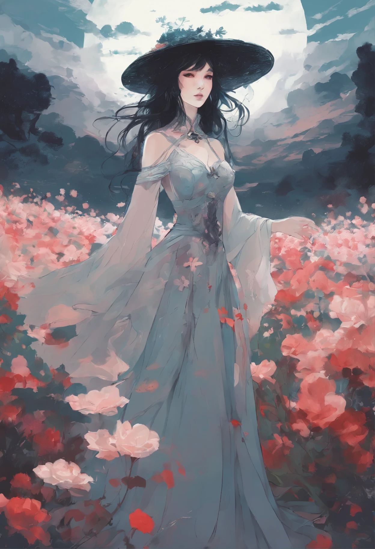 a woman standing in a field of flowers with a sky background, inspired by Yanjun Cheng, a beautiful artwork illustration, artwork in the style of guweiz, trending on artstration, by Li Song, lofi girl, digital anime illustration, beautiful digital illustration, by Yanjun Cheng, lofi art, dreamy illustration, painterly illustration, by Ryan Yee