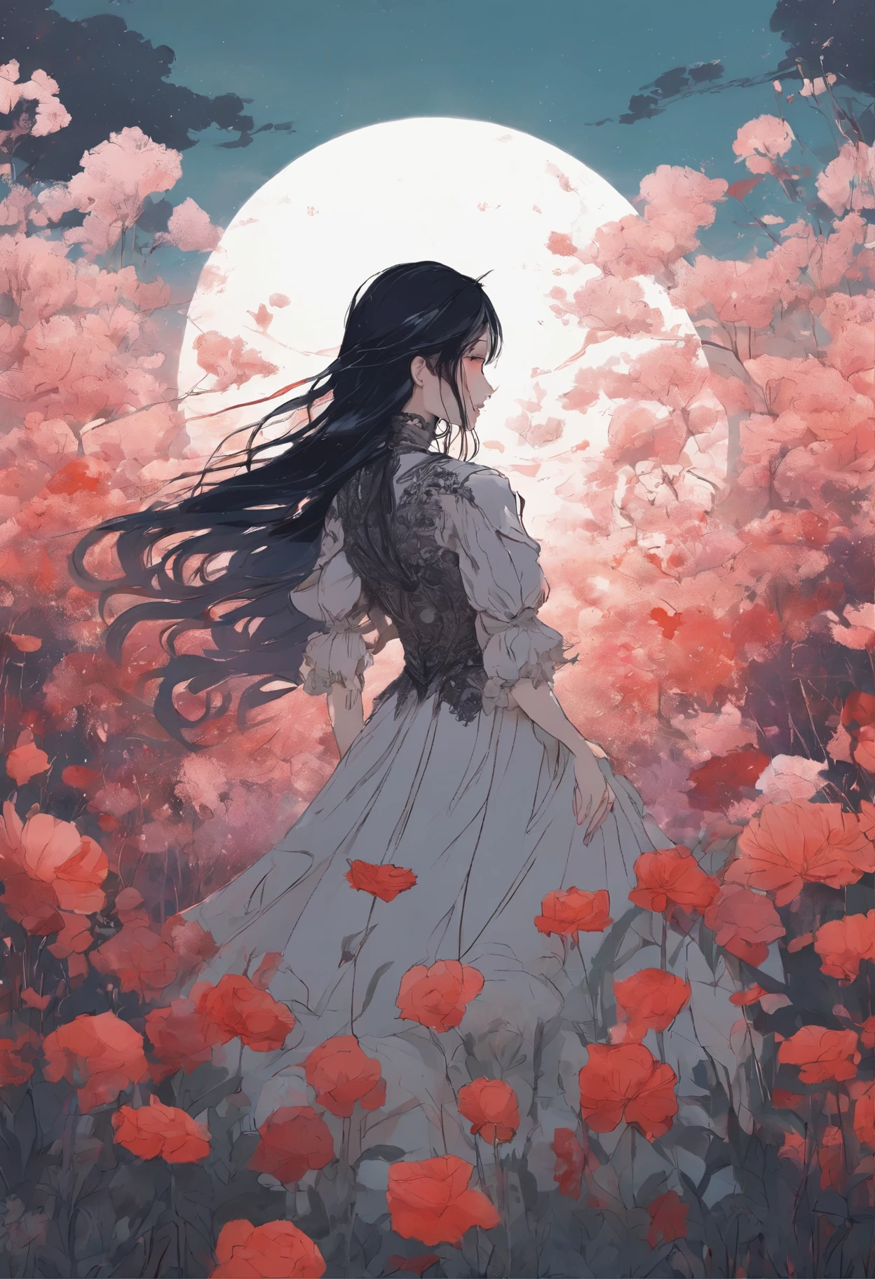 a woman standing in a field of flowers with a sky background, inspired by Yanjun Cheng, a beautiful artwork illustration, artwork in the style of guweiz, trending on artstration, by Li Song, lofi girl, digital anime illustration, beautiful digital illustration, by Yanjun Cheng, lofi art, dreamy illustration, painterly illustration, by Ryan Yee