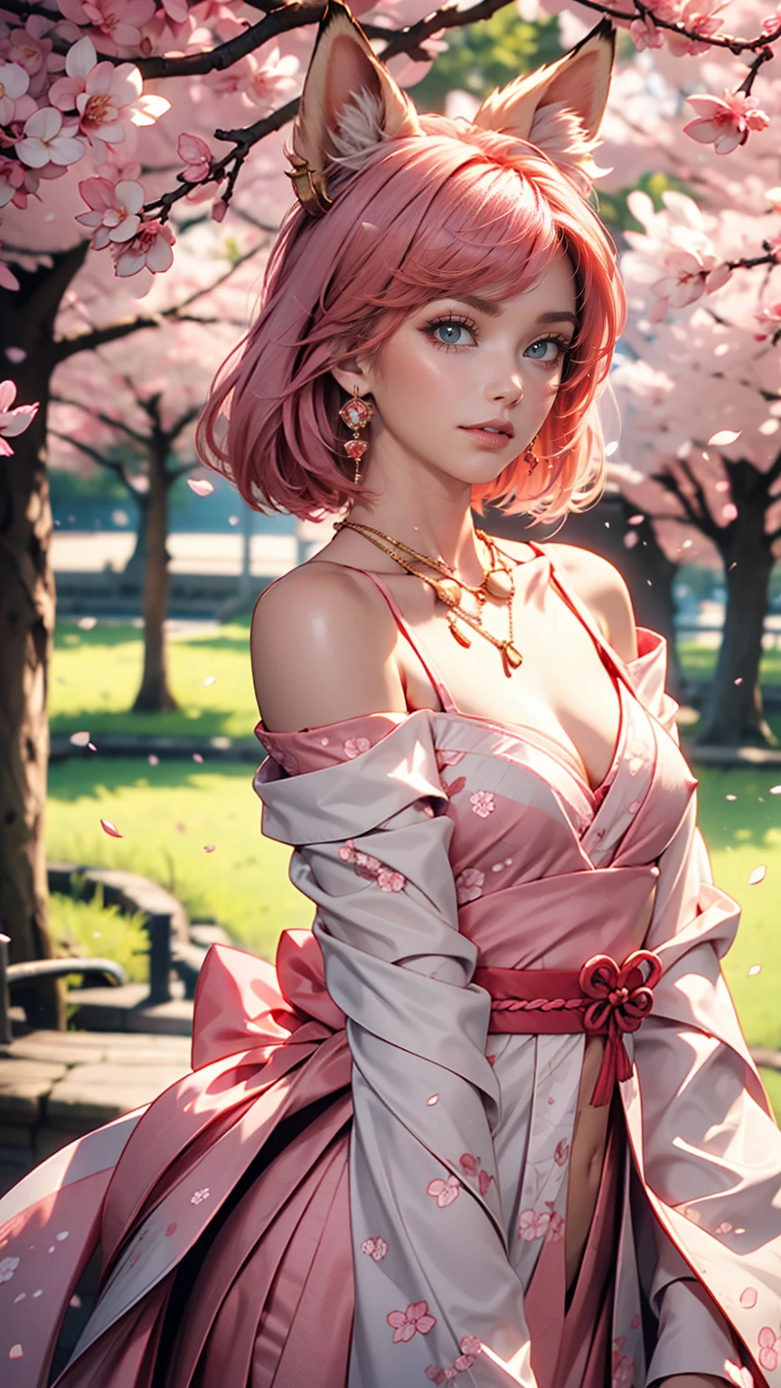 One girl, Realistic, (View Viewer:1), (Ulzzang-6500:0.66), Thighs, just legs, Speckled sunlight, highest quality, Ultra-high resolution, (photoRealistic:1.4), Yae Miko, Fox Ears, short hair, pink hair, yes_cherry blossoms, jewelry, cherry blossoms, (smile:1), just_shoulder, hair_ornament, purple_eye, , independent_sleeve, , detailed eye,, (light smile:1), , (Small breasts:1.4), , (just upper body:1.4), , (Puffy nipples:1),, Put your arms behind your back,