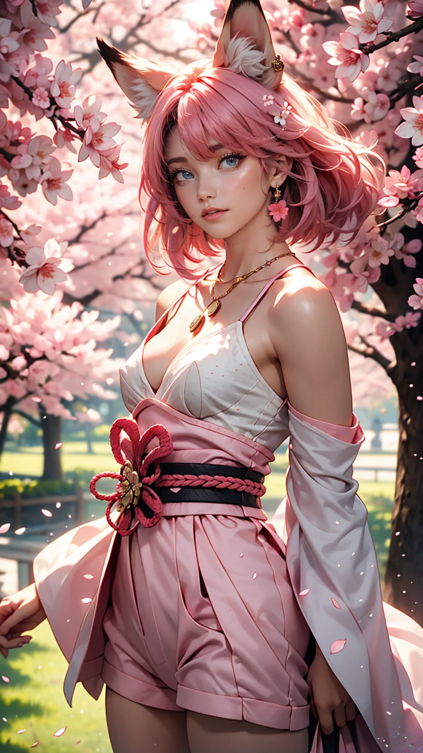One girl, Realistic, (View Viewer:1), (Ulzzang-6500:0.66), Thighs, just legs, Speckled sunlight, highest quality, Ultra-high resolution, (photoRealistic:1.4), Yae Miko, Fox Ears, short hair, pink hair,  yes_cherry blossoms, jewelry, cherry blossoms, (smile:1), just_shoulder, hair_ornament, purple_eye,  , independent_sleeve, , detailed eye,, (light smile:1), , (Small breasts:1.4), , (just upper body:1.4), , (Puffy nipples:1),, Put your arms behind your back,