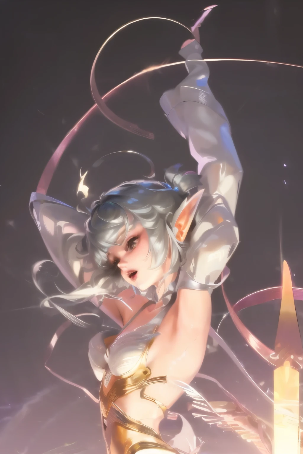 (Extremely detailed CG unity 8k wallpaper, masterpiece, best quality, Extremely detailed), (Optimal lighting, The best shadow, Extremely delicate and beautiful), Very cool, Dynamic, and original young girl characters (Dynamic pose) Silver (Pixie Short Hair: 1.3) Can reflect light beautifully.