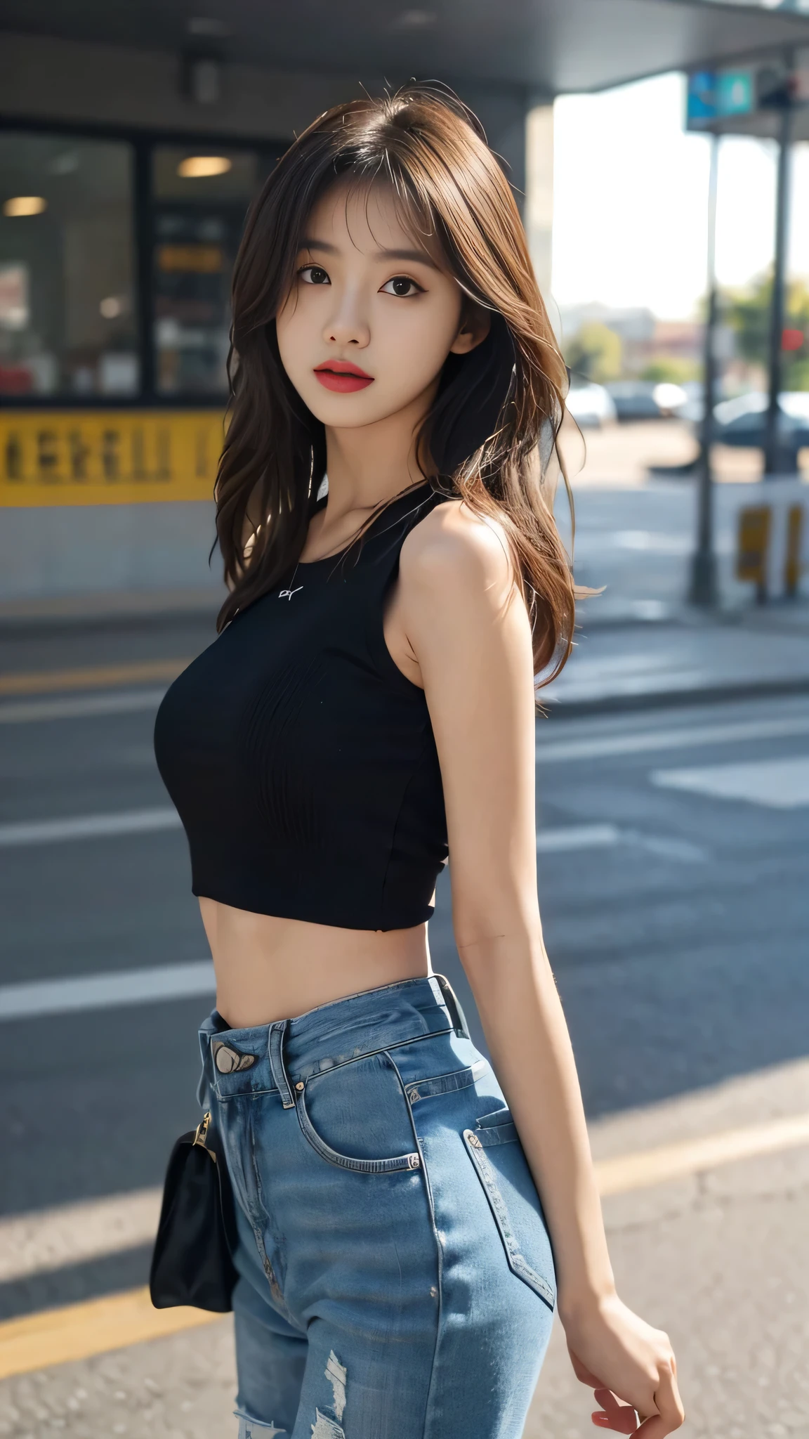 masterpiece, top-quality, 1 beautiful girl, (Detailed beautiful eyes), ((Detailed skin)) , ((Detailed medium hair )), A beautiful 170cm, in colorful clothings hiphop style, crop top and high waist short jeans, RAW photos, CG rendering, Blurred background, deep shadow, 16K, bokered, Very detailed, wallpaper, depth of field, movie light, Ray tracing,