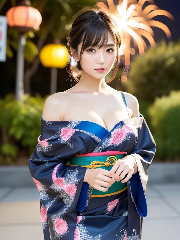 (Best quality: 1.5), (Real: 1.5), (1 person: 1.5), Medium shot, (Highly detailed), (High resolution), 8k, ??????????????, Natural colored lips, Japanese woman, 24 old girl, thin eyebrows, beautiful and graceful features, cute face, arched thin eyebrows, (large, balanced eyes), big eyes, fair skin, beautiful and graceful features, natural bangs, beautiful and thin nose, beautiful skin , medium bob hair, natural bangs, perfect and beautiful facial features, slim face and figure, (bright lighting), professional lighting, (frontal lighting), outdoors, beautiful cleavage, solo girl, cute and ???? 24-year-old woman, slim Japanese woman, fair skin, (???? expression), (yukata), (medium ?????), high-class obi, beautiful collarbone, high-class yukata, beautiful shoulders, beautiful ???????, beautiful ??????? A yukata that shows off her cleavage (brightly colored fireworks are set off at a night festival), summer, off shoulder yukata,