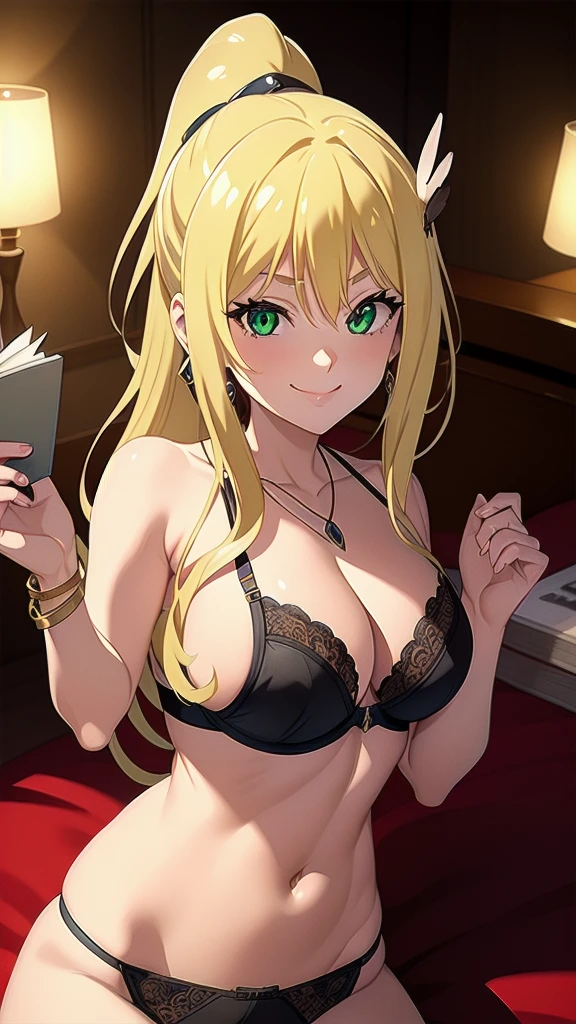 masterpiece, best quality, 1 solo girl, blonde hair, green eyes, long hair, medium breasts, sexy body and face, wavy hair, smile, black bra, black panty, pendant, bracelet, jewelry, earrings, feather hair ornament, book, lying at the bed, night, sexy pose, cowboy shots, detailed body, face, and eyes, sharp focus, vibrant, creative, dynamic, high definition, high resolution, 8k, (Upscale: R-ESRGAN 4x+ Anime6mage enchance:4x), voluptuous body, cinema lightning, dakimakura style, ponytail