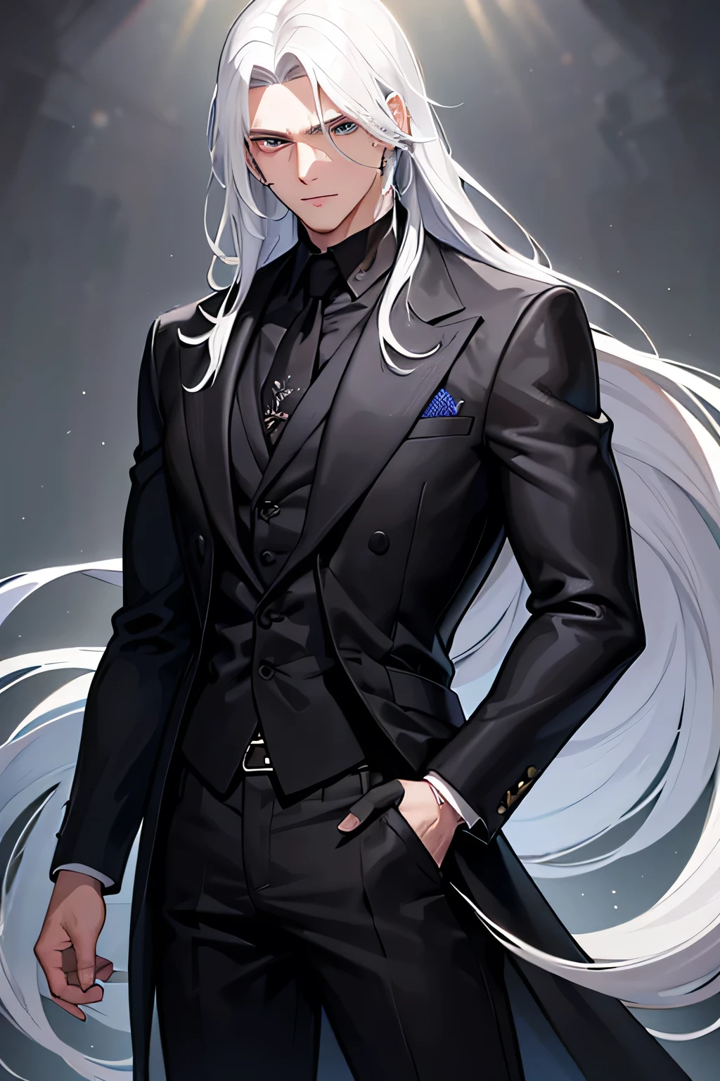 A young man stands before you, exuding an aura of mystery and resilience. Despite his youth, his long, unkempt white hair flows past his shoulders, giving him an intriguing and somewhat rebellious appearance. His face is marked by a long scar that stretches across his features, hinting at a tumultuous past. A short stubble adorns his jaw, adding a hint of ruggedness to his look. He wears a sharp black suit, its sleek lines and tailored fit adding a touch of sophistication to his otherwise wild appearance. Over the suit, he dons a long black coat that falls past his knees, its worn fabric suggesting years of wear. Despite his youthful age, his eyes carry a depth of experience, and his presence is both captivating and formidable.
