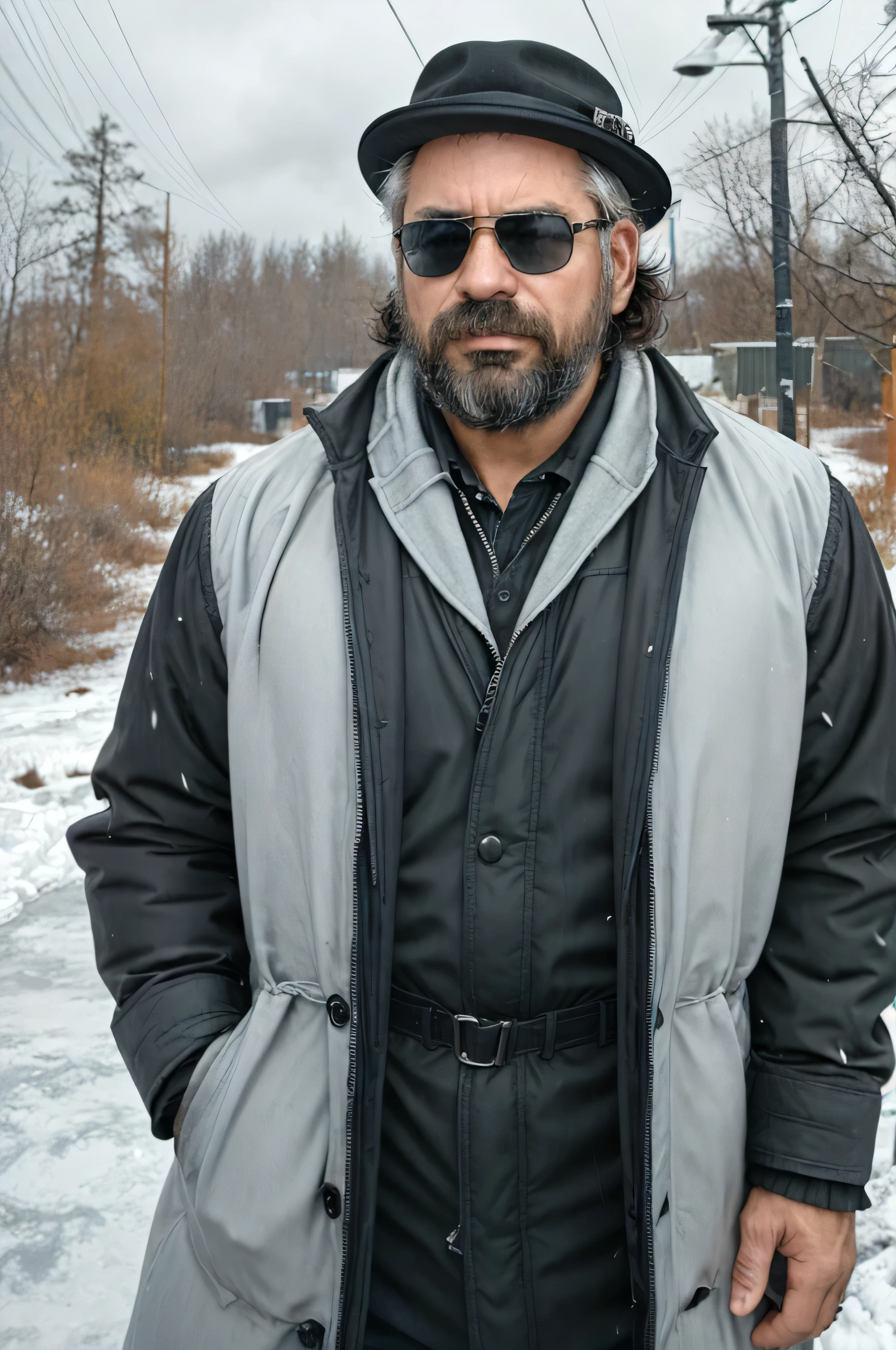 A super realistic image of a 38-year-old man with a rugged, masculine appearance wearing dark sunglasses. He is in the midst of a devastating ice storm, with icy winds and hail pelting down around him. His face is highly detailed, showing intense focus and determination. The background features frozen trees and power lines covered in ice, with a bleak, overcast sky. He is dressed in a heavy winter coat and hat, appearing resolute against the freezing weather. The image captures him from the waist up, emphasizing the textures and details of his face and the icy surroundings.