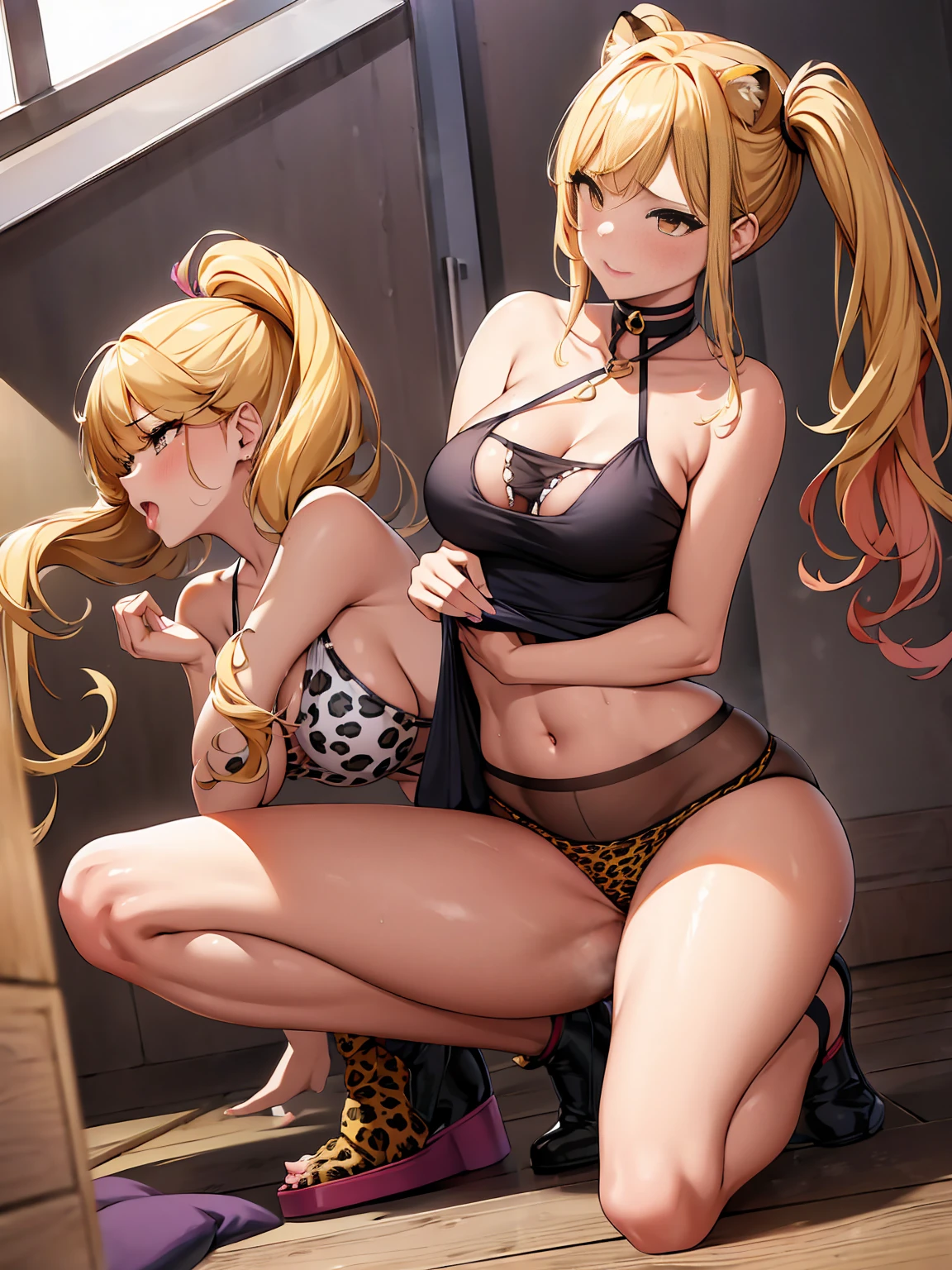 Female student、Gal、Side Ponytail、Colorful manicure、Low - Angle、Leopard print 、Blonde、Party p、Panties in fw、Gal化粧、Squat with your legs apart、Heavy makeup、mascara、Dark eyeshadow、teenager、Brown skinsh your hips forward、Push one's groin forward、Beautiful woman、Very thick thighs、Unbuttoned shirt、loose socks、Scrunchie、Acme Face、Best image quality、High resolution、masterpiece、super high quality、Squat with your legs apart、Thick pubic hair、Screaming orgasm face、Leopard print p、Leopard print bra、Very biery large breasts 、Blushing、4K quay、Blushing、Cry asy、Sweaty all over、Heavy breathing、Cowboy Shoy Shot、{highest quality}, {so beautiful}, {Super detailed}, {Best illustrations}, Browsing Caution, Blowjob