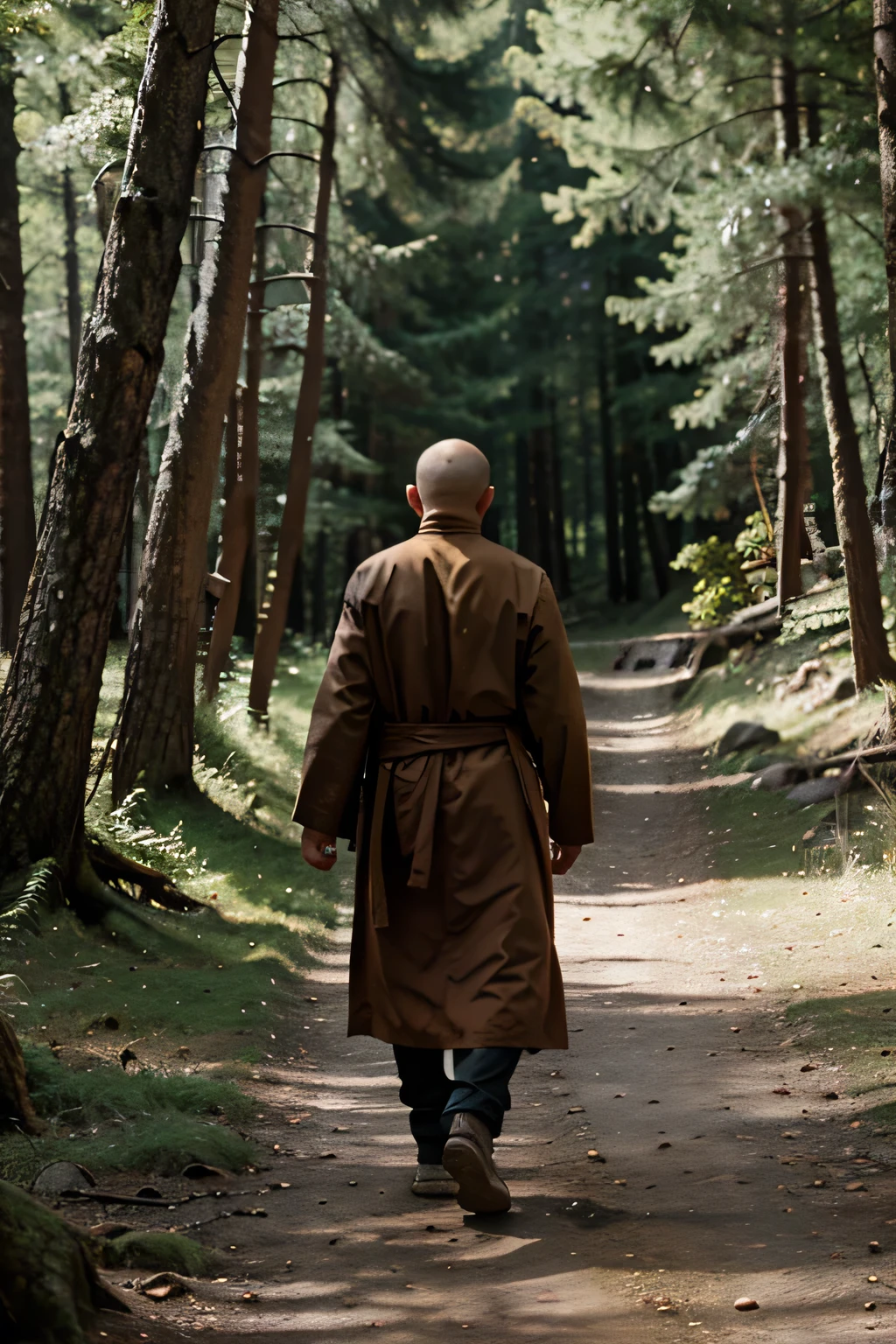 Monk walking away from us in forrest aand mountains with trees serounding him