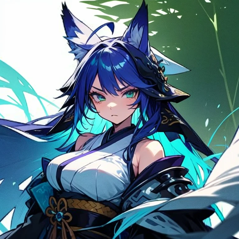 Masterpiece, best quality, expressive eyes, perfect face, 1girl, solo, breasts, long hair, blue hair, green eyes, serious expression, animal ears, forest background, night background, large breasts, ahoge, bare shoulders, kimono, wolf tail, lightning, Kitsune mask, traditional suit, tattoo at face, samurai armor, shoulder armor, pauldrons, pelvic_curtain, upper_body, veil, Kitsune tail, sheath, katana at waist