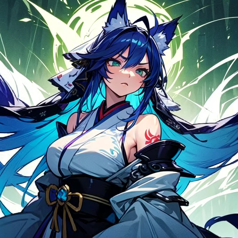 Masterpiece, best quality, expressive eyes, perfect face, 1girl, solo, breasts, long hair, blue hair, green eyes, serious expression, animal ears, forest background, night background, large breasts, ahoge, bare shoulders, kimono, wolf tail, lightning, Kitsune mask, traditional suit, tattoo at face, samurai armor, shoulder armor, pauldrons, pelvic_curtain, upper_body, veil, Kitsune tail, sheath, katana at waist