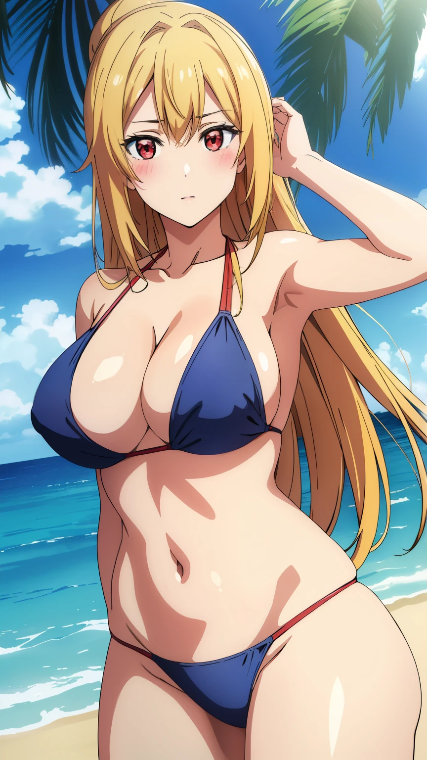 (best quality, 8k, highres, masterpiece:1.2), ultra-detailed, anime art style, beautiful intricate eyes, extremely detailed face, soft expression, stylish pose, Angelica V4, one girl, alone, red eyes, (swimsuit, erect nipples),swimsuit, beach, blush,
looking at the audience, positioned in the center of the image, beautiful medium-sized voluptuous chest, beautiful face, slender waist, charming, soft lighting