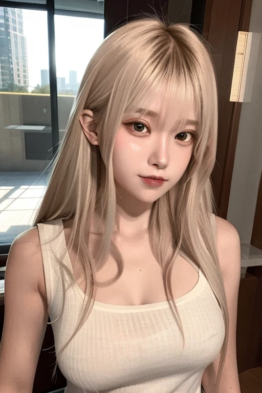 Masterpiece, Best quality, Ultra-detailed, illustration, torn tshirt, side left sleeveless, messy on, Face focus, 1girll, White hair, Golden eyes, Long messy hair, Halo, Serene expression, view the viewer