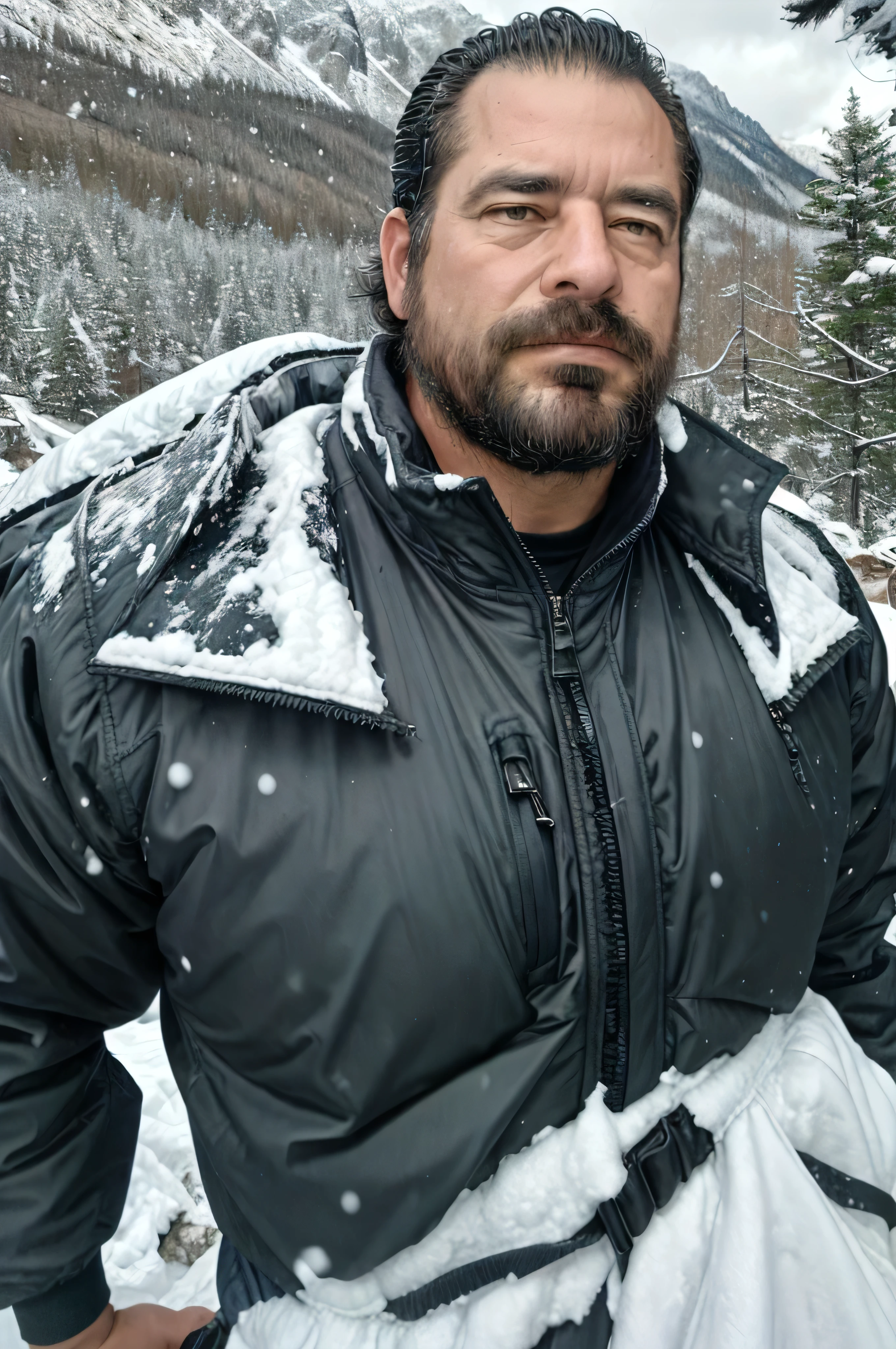 A super realistic image of a 38-year-old man with a rugged, masculine appearance wearing dark sunglasses. He is in the midst of a powerful avalanche, with snow and ice cascading down around him. His face is highly detailed, showing intense focus and determination. The background features a snowy mountainside with trees being swept away by the avalanche. He is dressed in a winter jacket and snow gear, appearing resilient and strong. The image captures him from the waist up, emphasizing the textures and details of his face and the overwhelming force of the avalanche.