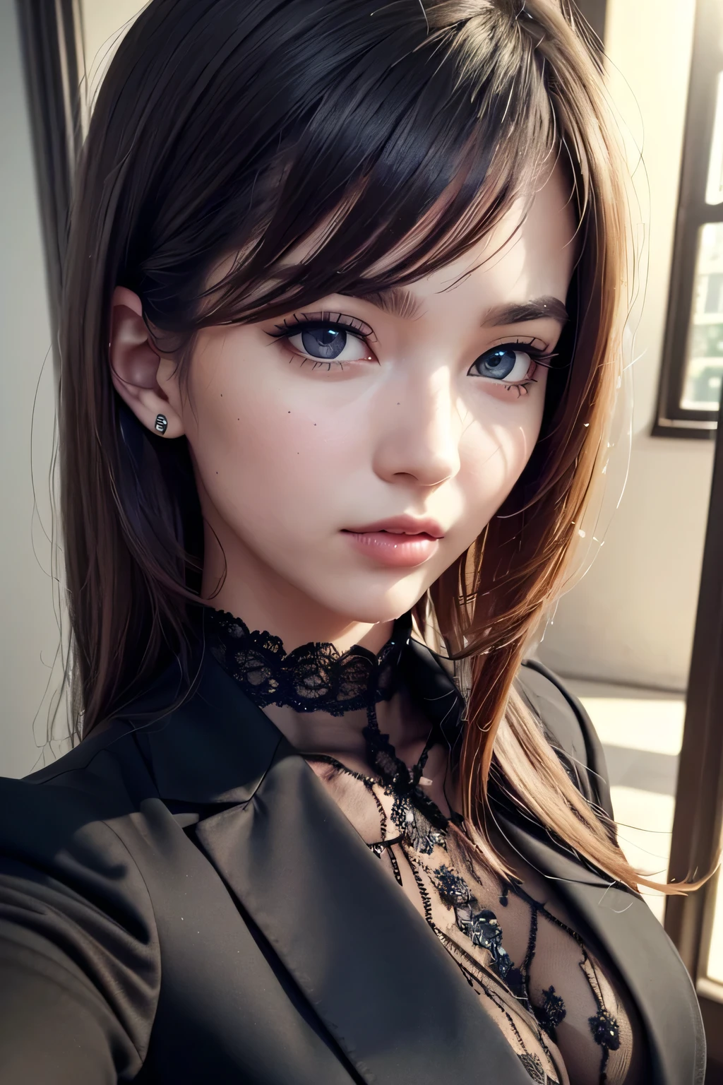 (original) , (Highly detailed wallpaper) , (highest quality) , (masterpiece) , Photographic reality, Realistic, Highly detailed illustration , Beautiful Eyes, (Delicate face) , Perfect detail, (Best lighting) , (Very intricate details) , Super detailed, , Kogal,((Selfie)), ((Black Suit 1.5)), , 4K Integration, (Super fine CG: 1.2) , (8k: 1.2) , Realistic, Octane Rendering