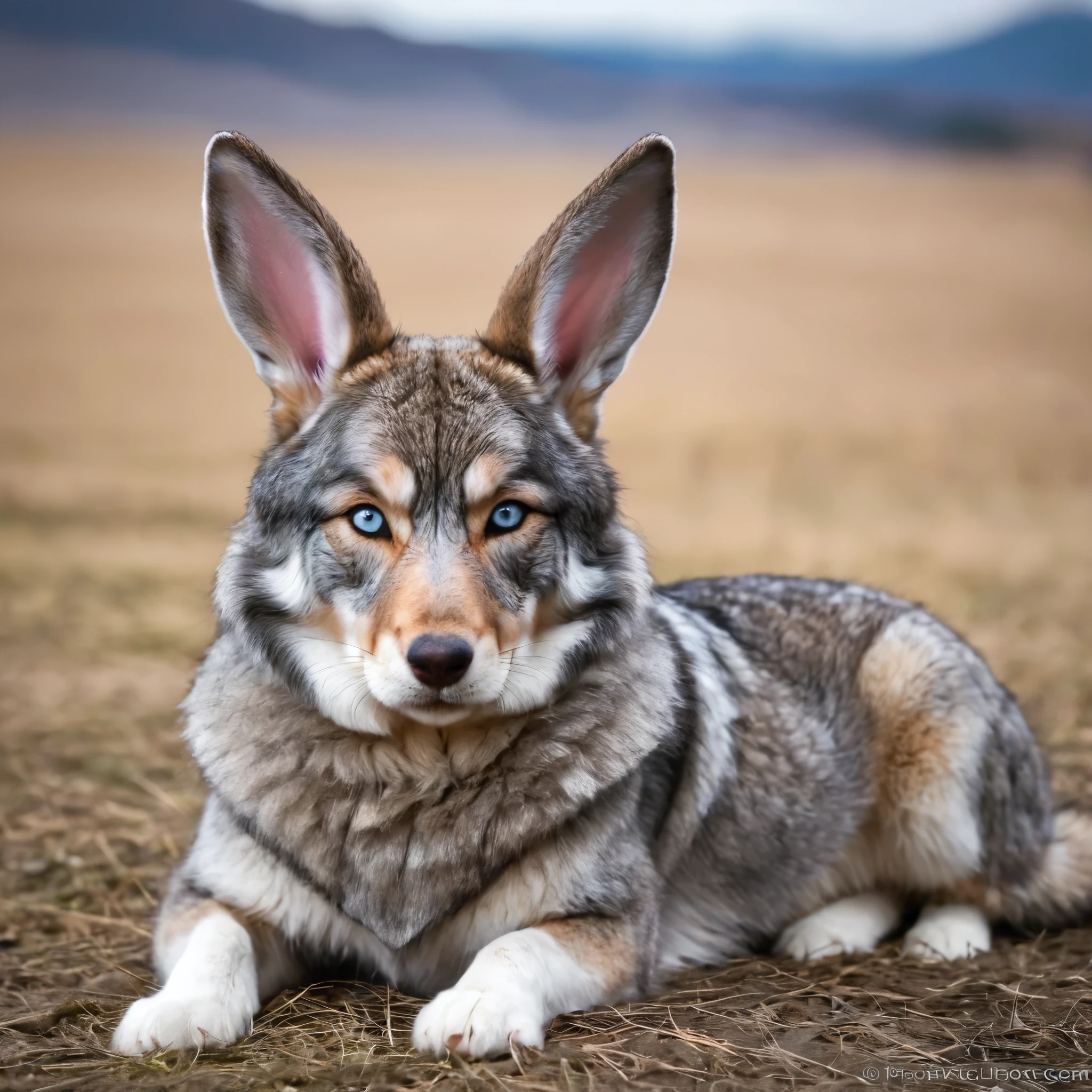 (bunny ear),The little rabbit looked out from the cat's eye, and a burly big gray wolf appeared in the field of vision. It had prominent pink and white rabbit ears on its head, which formed a sharp contrast with its dark gray fur and fierce eyes, revealing a strange and dangerous atmosphere, Cat's eyes, looking out, big gray wolf, burly body, rabbit ears, conspicuous, pink, white alternating, dark gray, fur, ferocity, eyes, eerie, dangerous, and aura,(masterpiece, best quality:1.2)