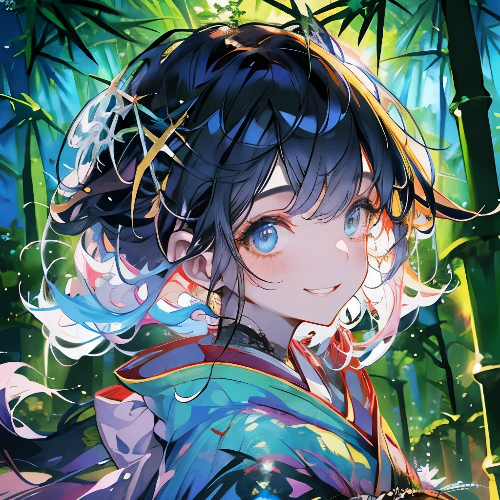 Masterpiece、Rainbow Hair、Delicate eyes、smile、Delicate eyes、Tied up hair、Beautiful hair ornament、kimono、(((bamboo forest)))