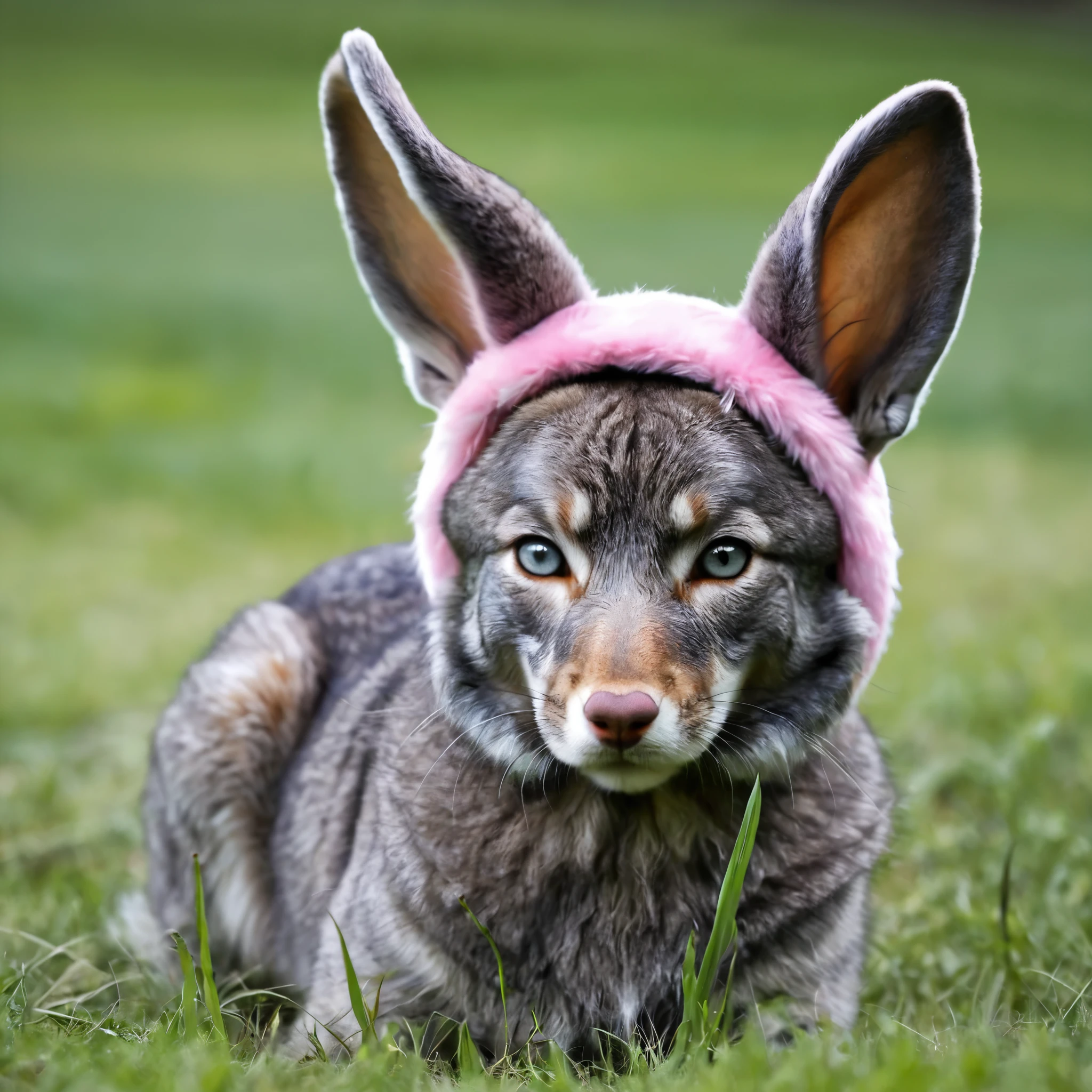 (bunny ear),The little rabbit looked out from the cat's eye, and a burly big gray wolf appeared in the field of vision. It had prominent pink and white rabbit ears on its head, which formed a sharp contrast with its dark gray fur and fierce eyes, revealing a strange and dangerous atmosphere, Cat's eyes, looking out, big gray wolf, burly body, rabbit ears, conspicuous, pink, white alternating, dark gray, fur, ferocity, eyes, eerie, dangerous, and aura,(masterpiece, best quality:1.2)