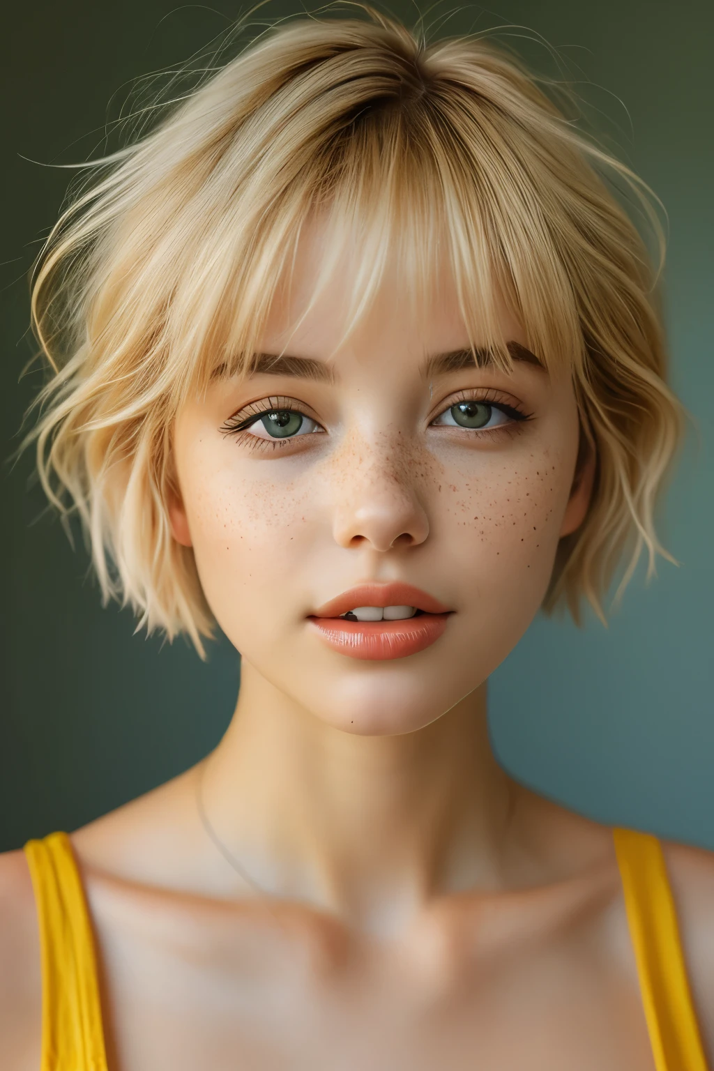 bellissima,  1girl, solo, looking at viewer, short hair, bangs, yellow hair, simple background, parted lips, teeth, grey background, mole, lips, eyelashes, messy hair, portrait, mole under mouth, freckles, realistic, nose