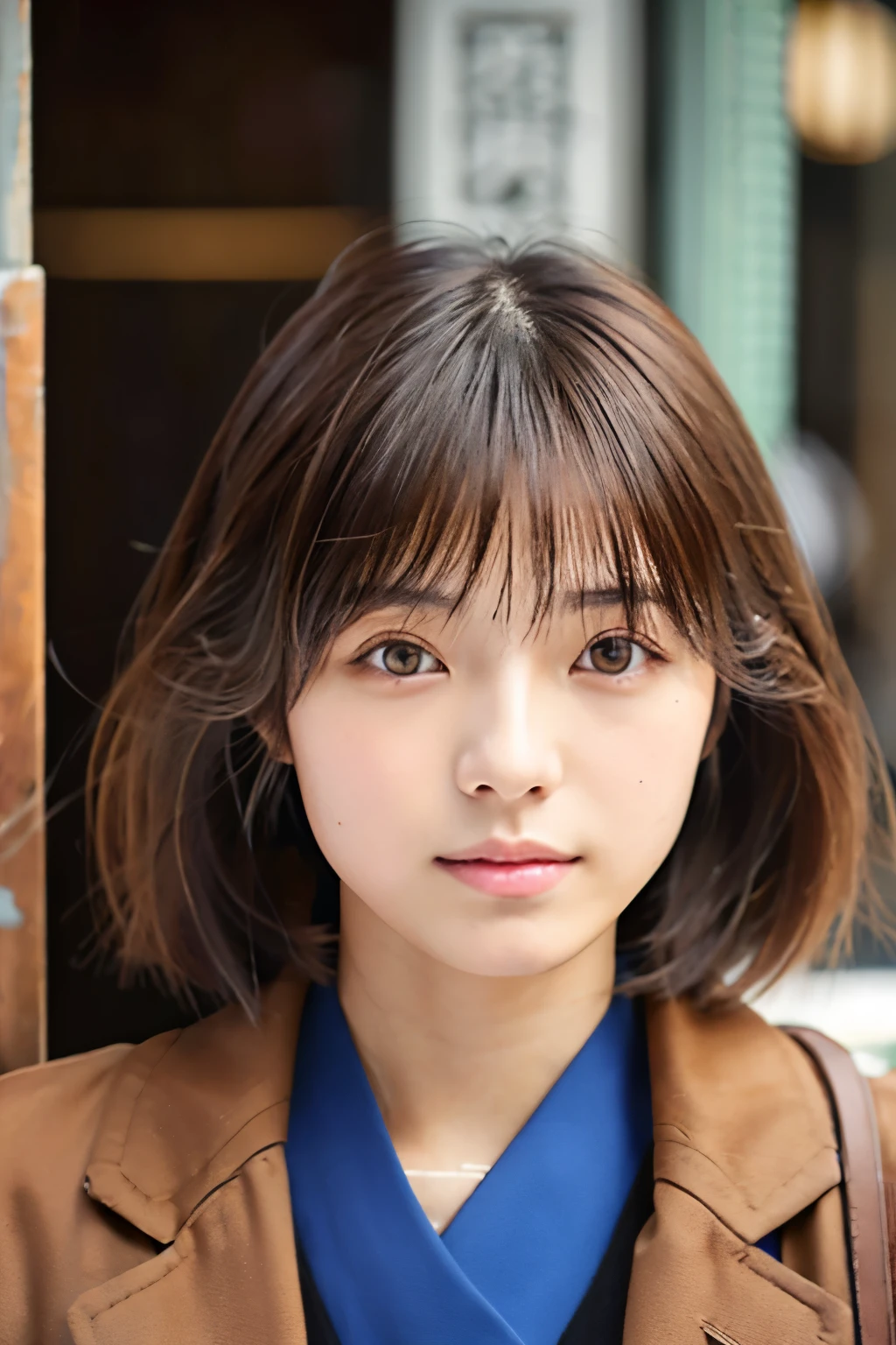 Japanese Girls,Narrow eyes,short hair,20-year-old、company、Brown Hair、coat、front