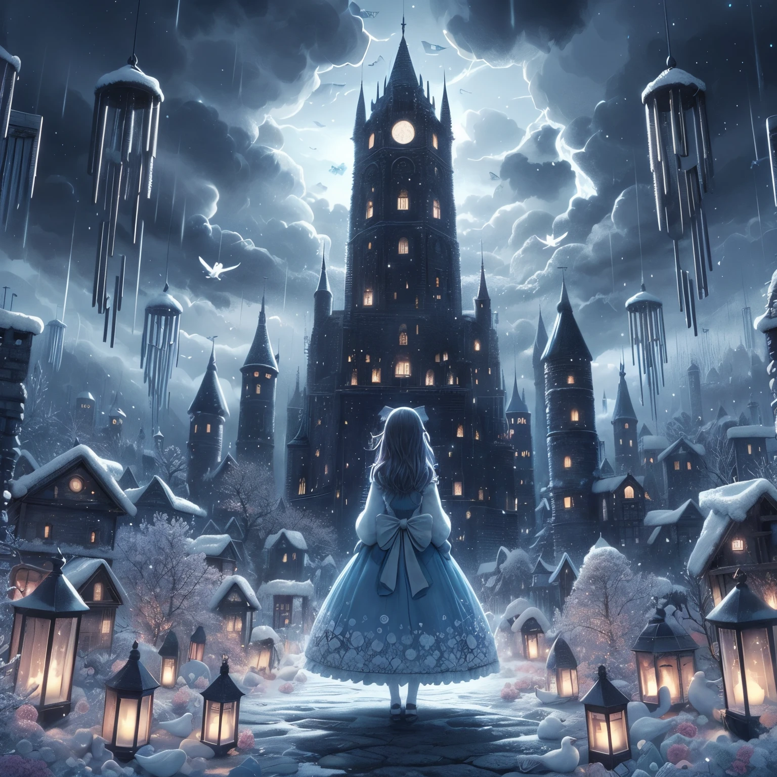 tall dark tower at the ends of the universe with a small frail Japanese  girl standing in front of a great tower contain windchimes and lightning, very dark art style, nighttime, gray stormy amanous skies, lanterns and candles all around like a scary graveyard, light pink winter queen Swedish beautiful lady wearing a baby blue gaussian gown made of snowflakes, swans, lakes, doves castles, cold, frosty, frost, fantasy, bubbles, cotton, bows, buttons, sunny blue skies, dark red roses, ribbons, full body shot, medium shot, from crown above her head to the bottoms of her shoes,