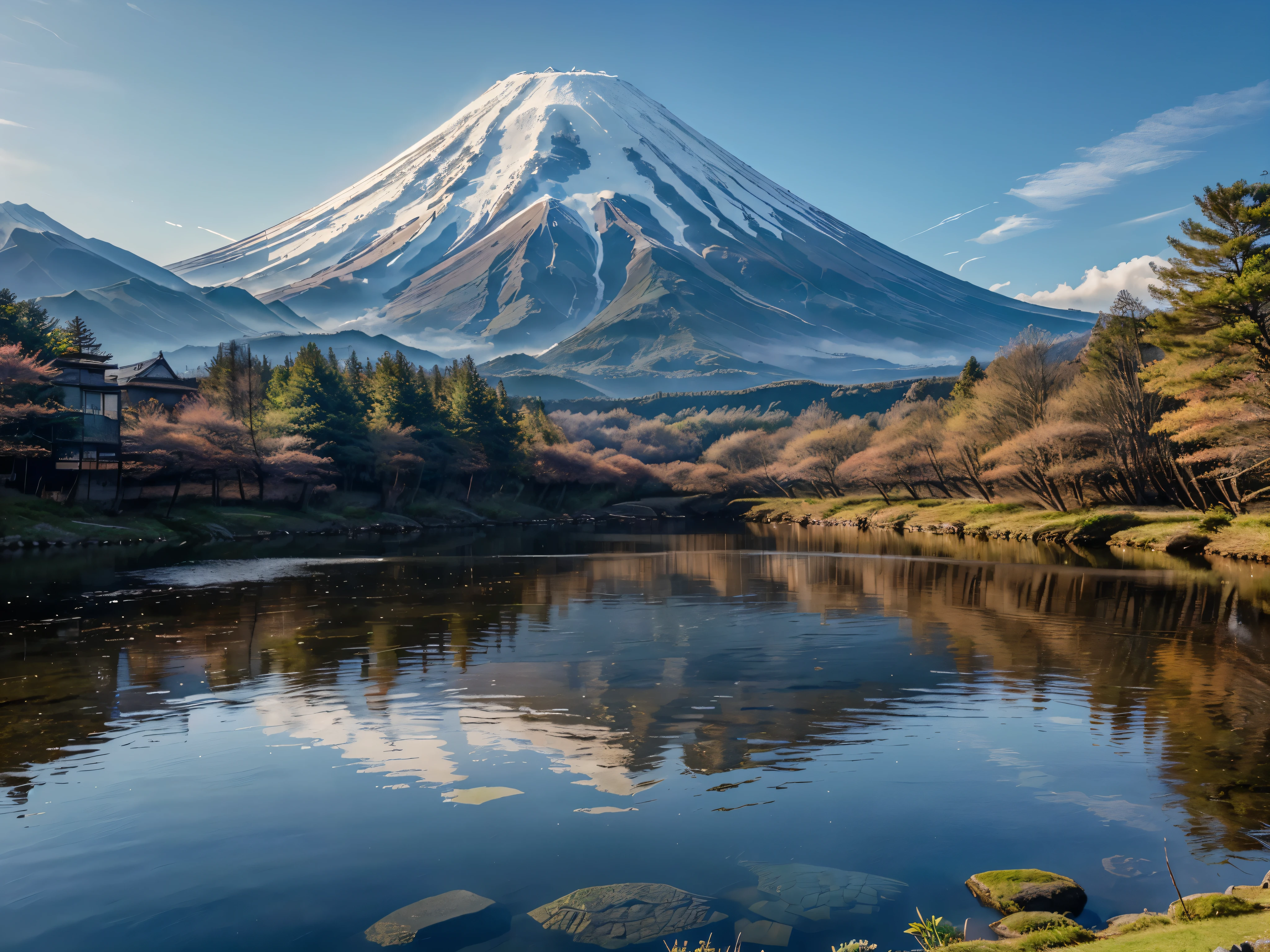 (Best Quality,4K,hight resolution,masutepiece:1.2),Ultra-detailed,,landscapes, Mt fuji, Mt. Fuji is the main one and big, Water flows, (photo-like) Nature, (peaceful, Calm) surroundings, (exalted, awe-inspiring) Beauty,Bright atmosphere, The sky is whitish