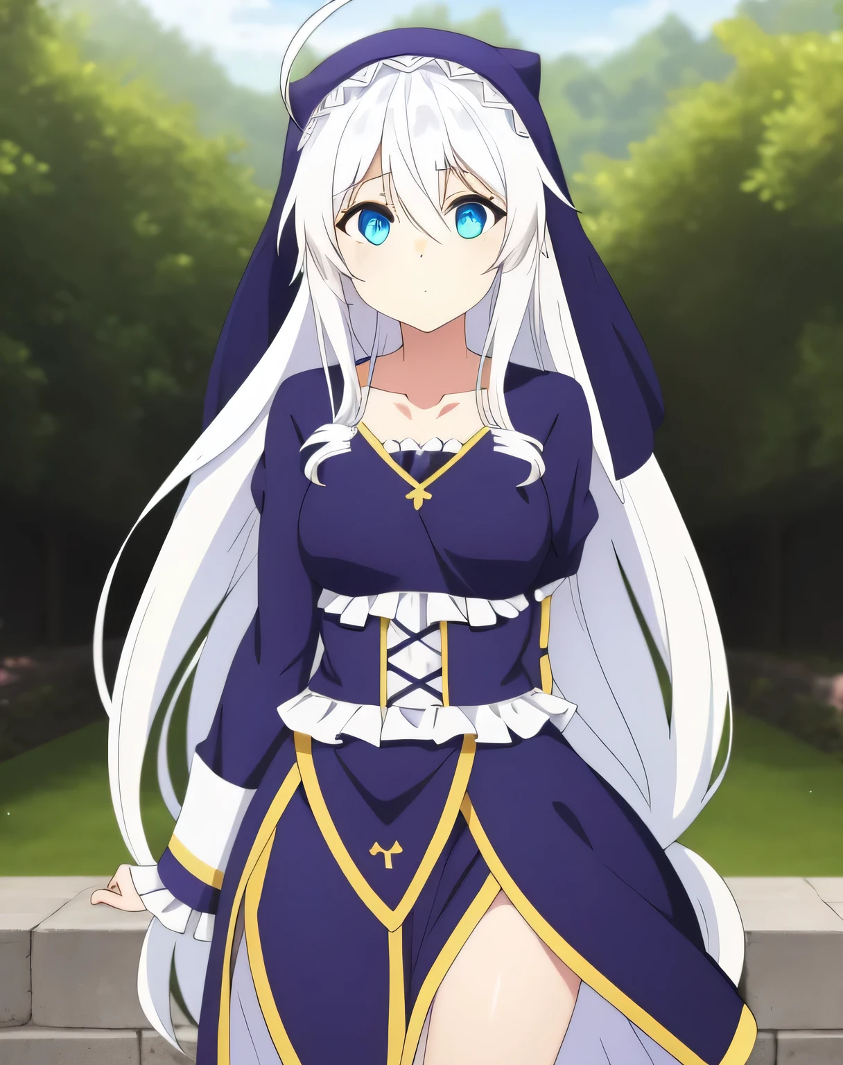 1girl,solo,blue eyes,white hair,hair between eyes, very long hair,Ahoge, collarbone,  frills, nun,long sleeves,dress, outdoors, standing, upper body, idle, looking at viewer, thigh