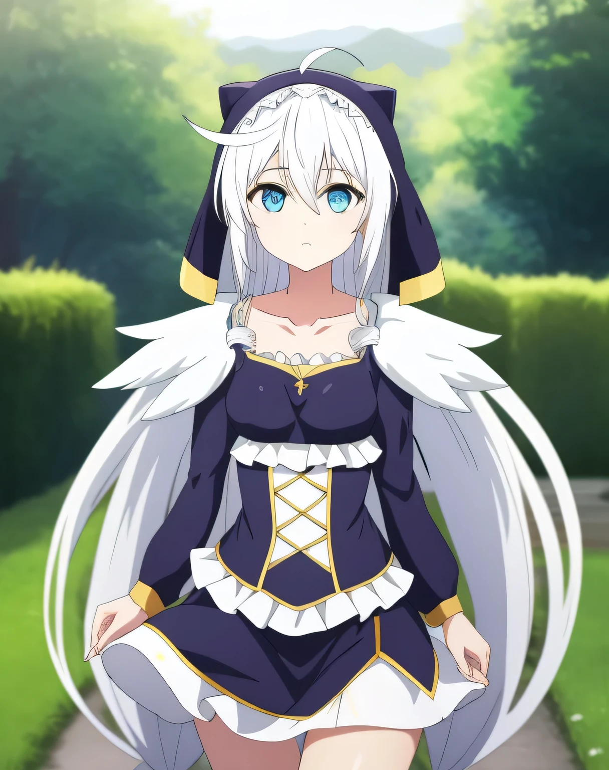 1girl,solo,blue eyes,white hair,hair between eyes, very long hair,Ahoge, collarbone,  frills, nun,long sleeves,dress, outdoors, standing, upper body, idle, looking at viewer, thigh