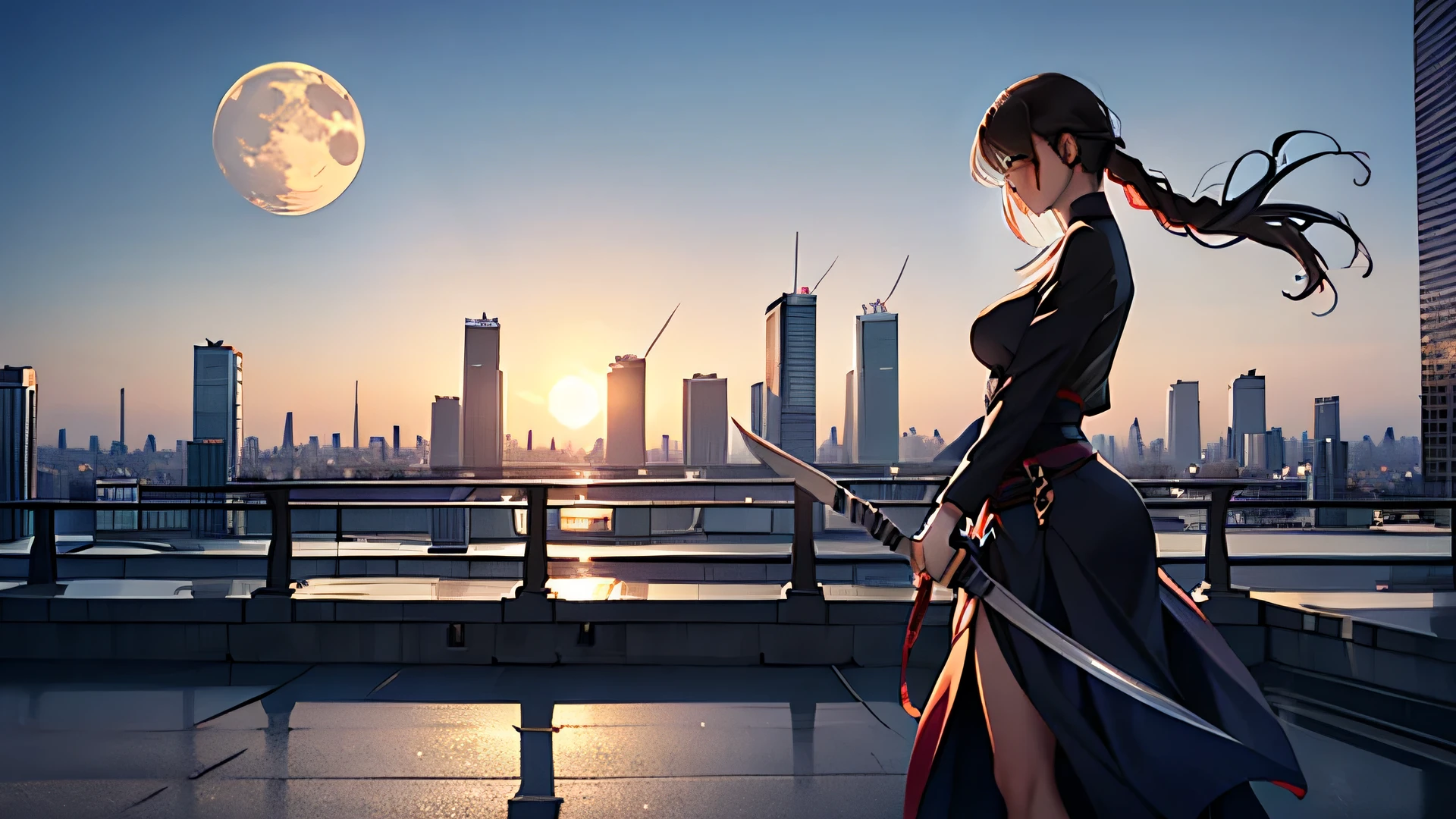 An anime girl with a katana standing on a rooftop under a full moon, her hair blowing in the wind, ready for battle with a city skyline in the background.
