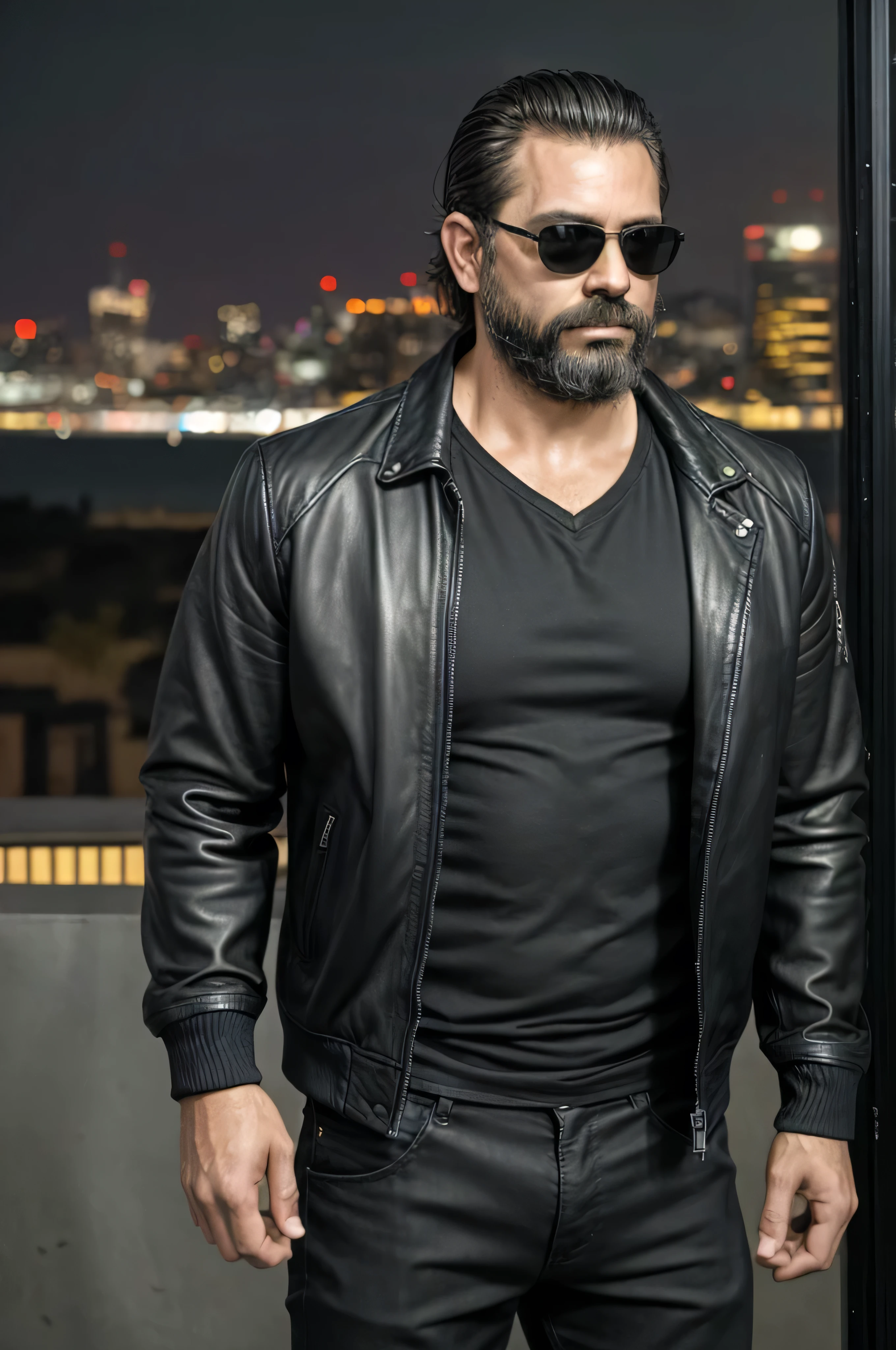 Create a highly detailed and ultra-realistic digital art image of a very masculine 38-year-old man with a beard and wearing dark sunglasses. He is shown from the waist up in a medium shot. The background is a modern, sleek urban cityscape at dusk, with neon lights reflecting off the glass buildings. The man is wearing a stylish, fitted leather jacket over a plain black t-shirt. He has a confident and slightly mysterious expression, standing with one hand in his jacket pocket and the other holding a smartphone. The image should capture the essence of modern digital art trends, emphasizing sharp details, vibrant colors, and a dynamic atmosphere