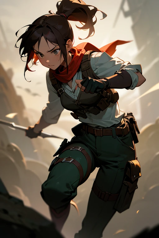1girl, eliz robles, 13 year old adventurer, determined expression, short brown hair in high ponytail, red bandana around neck, long sleeved shirt with rolled up sleeves, dark multi-pocketed vest, cargo shorts, black fingerless gloves, sturdy boots, holster on right thigh with straps, dark sunglasses, photorealistic, highly detailed, 8k, intricate details, cinematic lighting, dramatic atmosphere, realistic skin texture, vivid colors, chiaroscuro lighting, cinematic composition, action pose