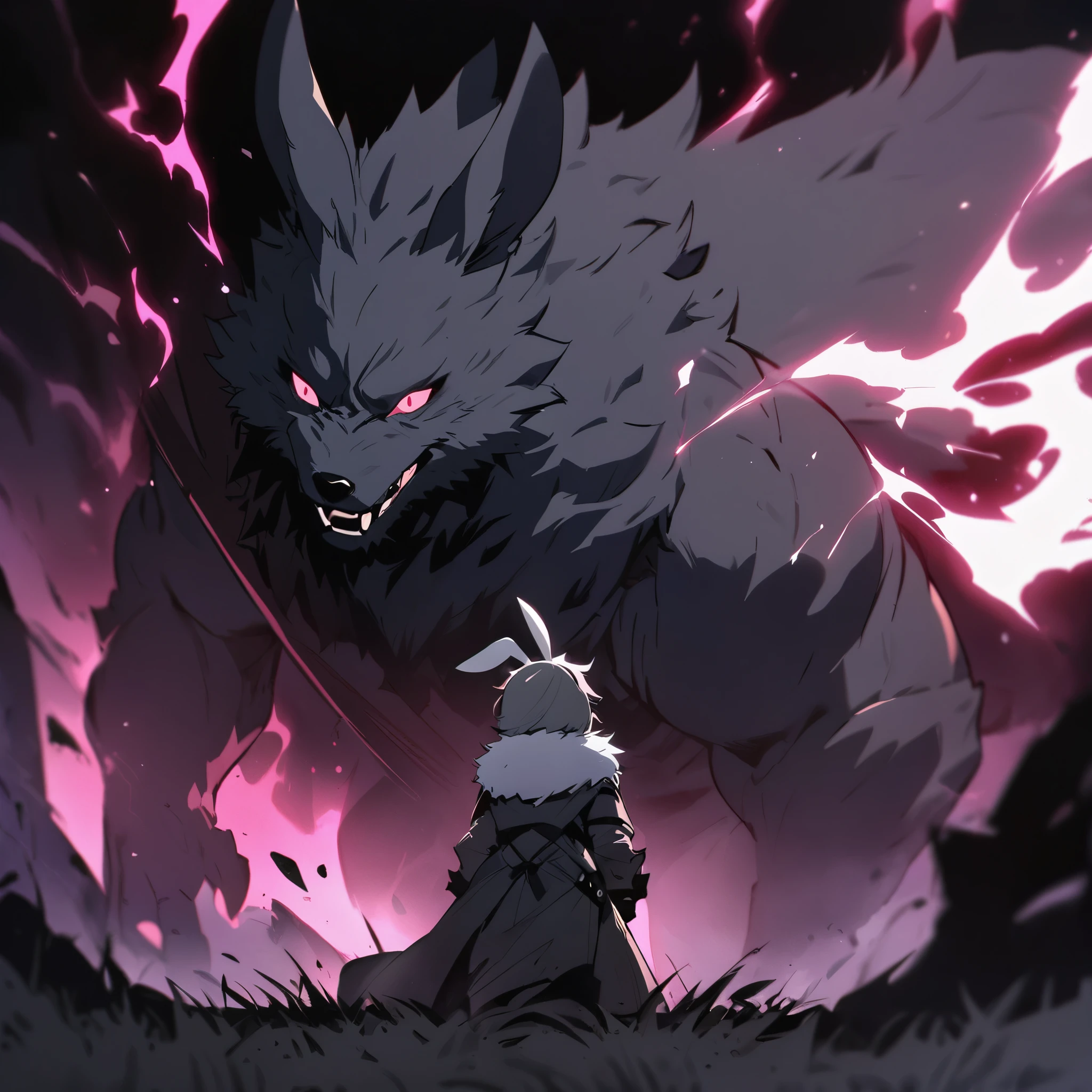 (cat eye),(bunny ear),The little rabbit looked out from the cat's eye, and a burly big gray wolf appeared in the field of vision. It had prominent pink and white rabbit ears on its head, which formed a sharp contrast with its dark gray fur and fierce eyes, revealing a strange and dangerous atmosphere, Cat's eyes, looking out, big gray wolf, burly body, rabbit ears, conspicuous, pink, white alternating, dark gray, fur, ferocity, eyes, eerie, dangerous, and aura,(masterpiece, best quality:1.2)