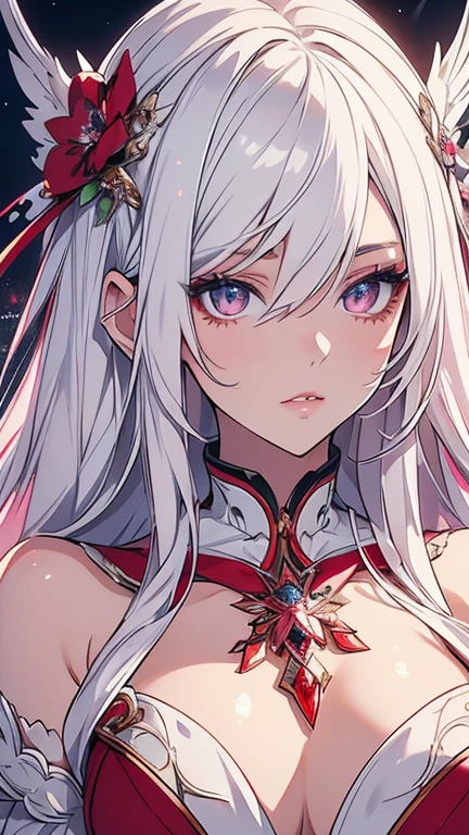 beautiful detailed eyes, beautiful detailed lips, extremely detailed eyes and face, longeyelashes, 1girl, white hair, anime style, hyper realistic, high quality, 8k, masterpiece, photorealistic, studio lighting, vivid colors, intricate details, elegant pose, soft lighting, cool color palette, cute and hot. White and pink, red . 