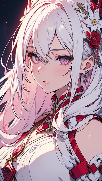 beautiful detailed eyes, beautiful detailed lips, extremely detailed eyes and face, longeyelashes, 1girl, white hair, anime style, hyper realistic, high quality, 8k, masterpiece, photorealistic, studio lighting, vivid colors, intricate details, elegant pose, soft lighting, cool color palette, cute and hot. White and pink, red . 