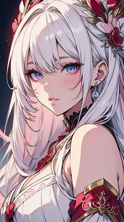 beautiful detailed eyes, beautiful detailed lips, extremely detailed eyes and face, longeyelashes, 1girl, white hair, anime style, hyper realistic, high quality, 8k, masterpiece, photorealistic, studio lighting, vivid colors, intricate details, elegant pose, soft lighting, cool color palette, cute and hot. White and pink, red . 