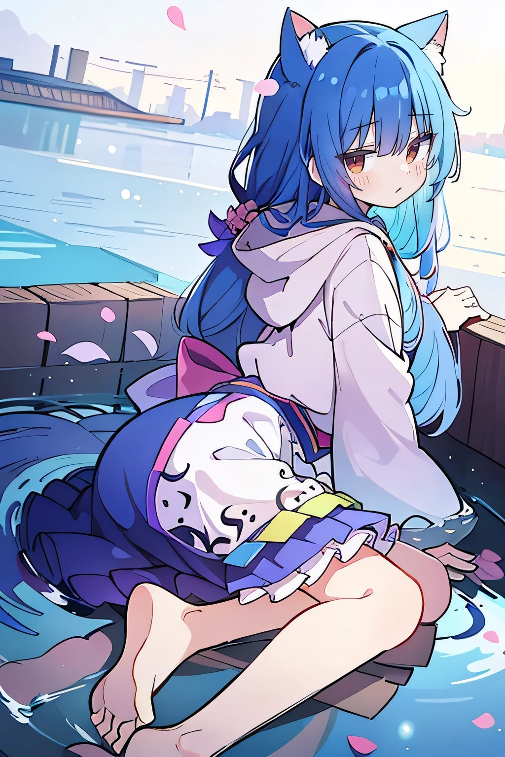（masterpiece：1.2），Super detailed，lifelike，Expressive eyes，fair skin，perfect face shape，1 girl，
Japanese comics,Gorgeous blue hair,flowing blue hair,flowing clothes,Cat ears,Petals fall,beautiful lola,Baby Angel,
Shaking head with one hand，Cross your legs，Gentle and peaceful background，The pavilion is cool and comfortable,smile, wearing hoodie, background of tokyo,back views,snowing, winter,lie on the water. 