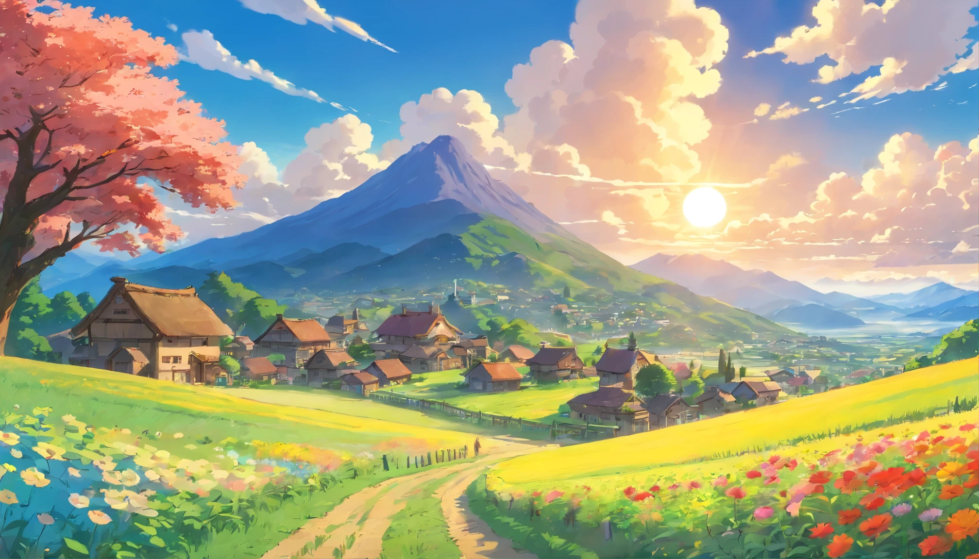small village in the countryside, field, mountain, tree, flower field, clouds in the sky, The sun shines