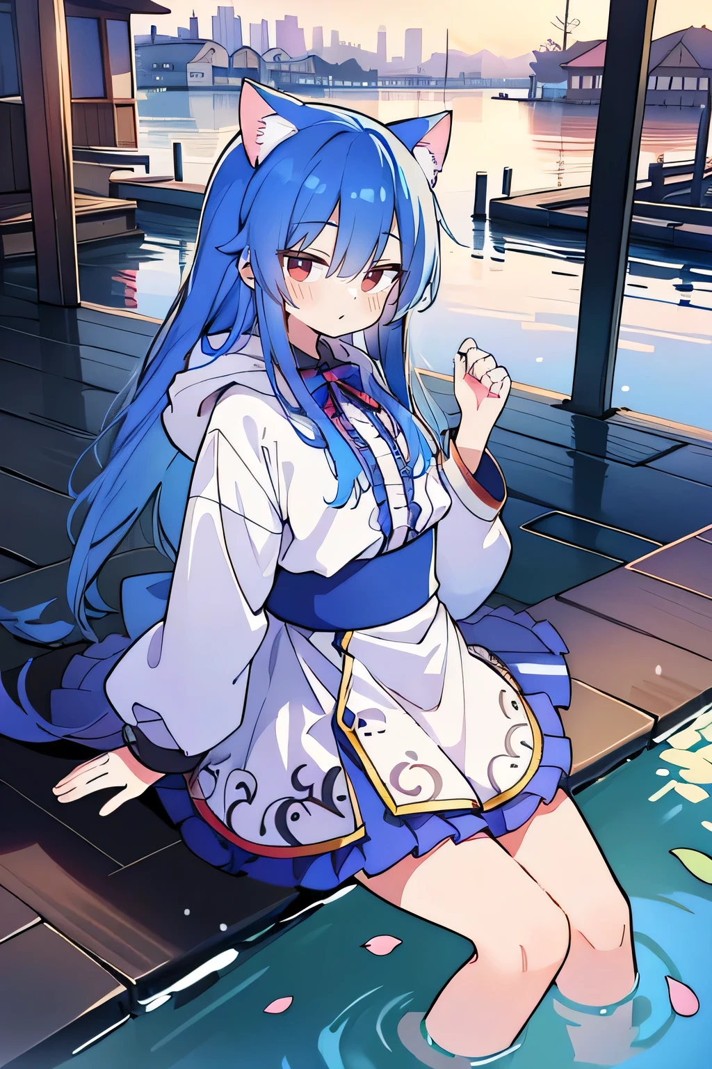 (masterpiece:1.2),Super detailed,lifelike,Expressive eyes,fair skin,perfect face shape,1 girl,
Japanese comics,Gorgeous blue hair,flowing blue hair,flowing clothes,Cat ears,Petals fall,beautiful lola,Baby Angel,
Shaking head with one hand,Cross your legs,Gentle and peaceful background,The pavilion is cool and comfortable,smile, wearing hoodie, background of tokyo,back views,snowing, winter,lie on the water.