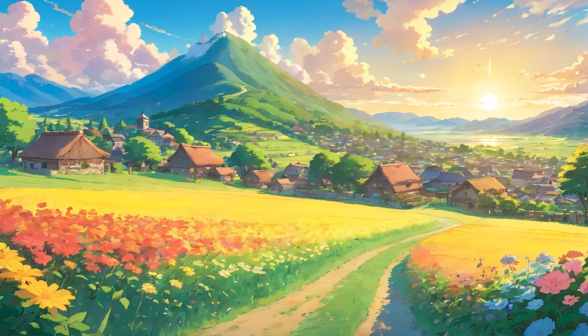 small village in the countryside, field, mountain, tree, flower field, clouds in the sky, The sun shines