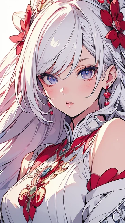 beautiful detailed eyes, beautiful detailed lips, extremely detailed eyes and face, longeyelashes, 1girl, white hair, anime style, hyper realistic, high quality, 8k, masterpiece, photorealistic, studio lighting, vivid colors, intricate details, elegant pose, soft lighting, cool color palette, cute and hot. White and pink, red . 